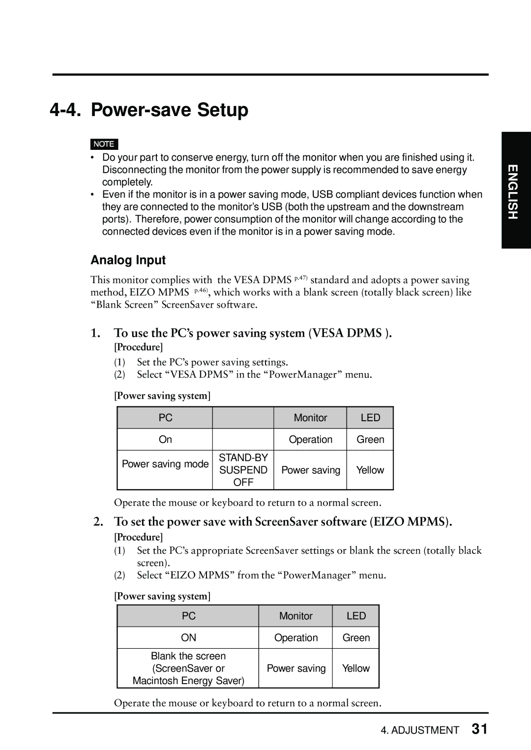 Eizo FlexScan L675 manual Power-save Setup, To use the PC’s power saving system Vesa Dpms, Power saving system 