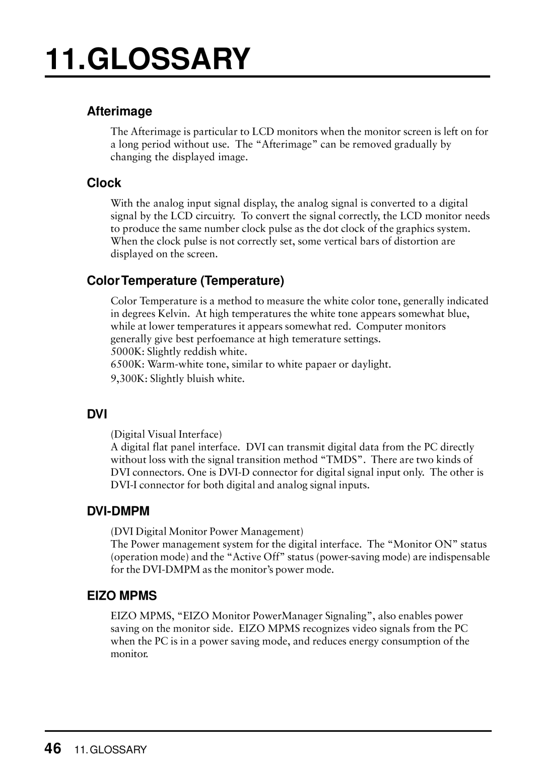 Eizo FlexScan L675 manual Glossary, Afterimage, Clock, Color Temperature Temperature 