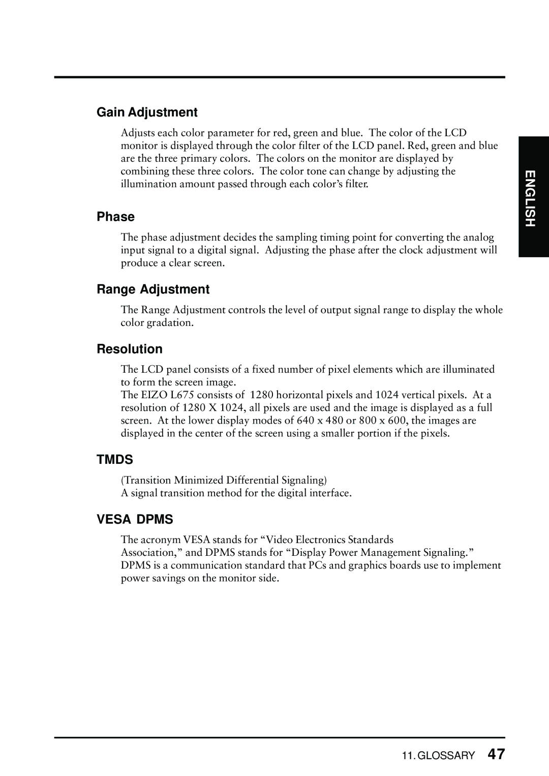 Eizo FlexScan L675 manual Gain Adjustment, Phase, Range Adjustment, Resolution 