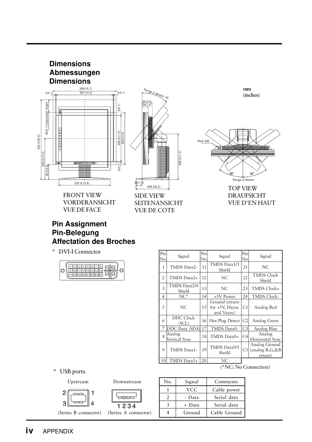 Eizo FlexScan L675 manual Dimensions Abmessungen, Pin Assignment Pin-Belegung Affectation des Broches 