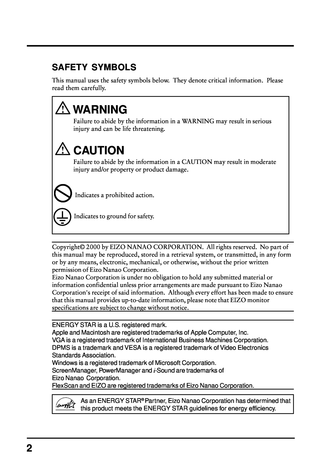 Eizo FlexScan L675 manual Safety Symbols 