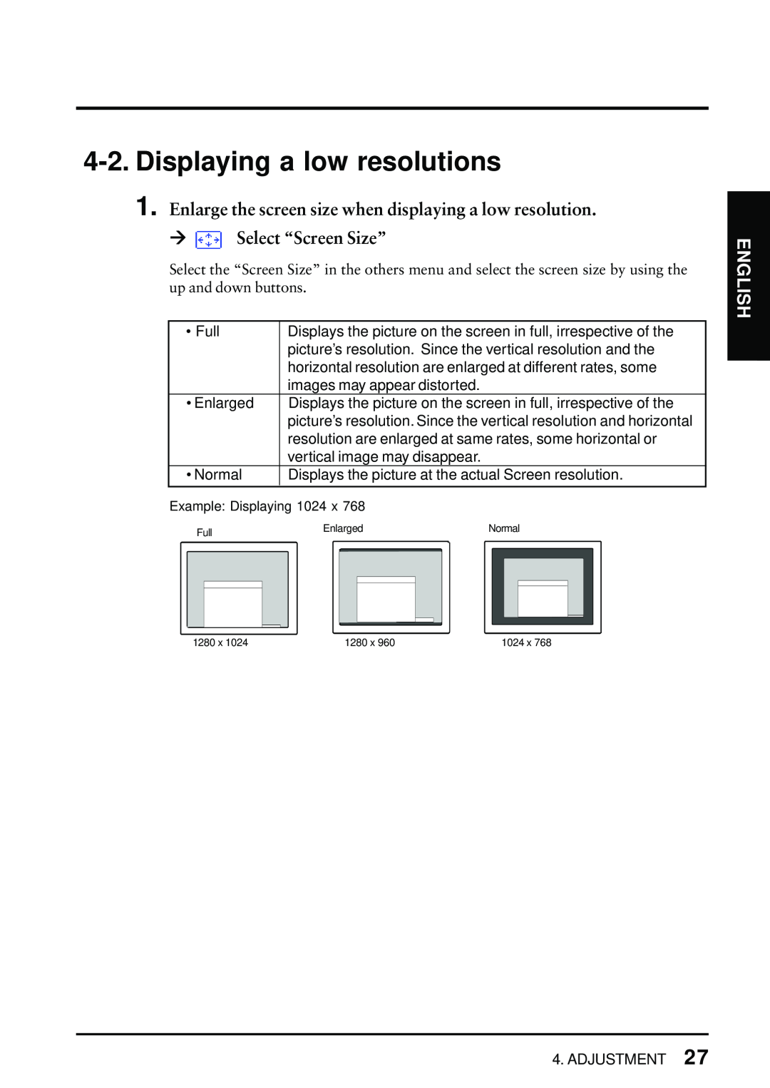 Eizo FlexScan L675 manual Displaying a low resolutions, Enlarge the screen size when displaying a low resolution, English 