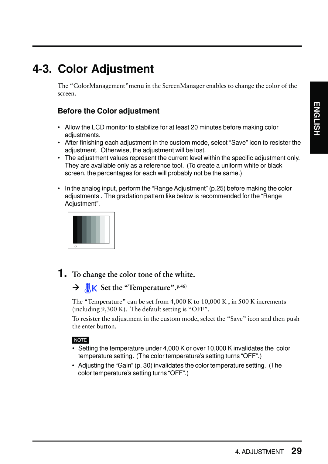 Eizo FlexScan L675 manual Color Adjustment, To change the color tone of the white Æ Set the “Temperature”.p.46, English 