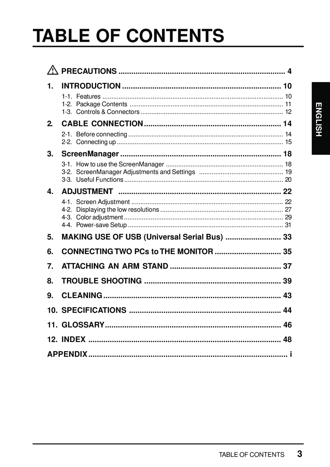 Eizo FlexScan L675 manual Table Of Contents, English 