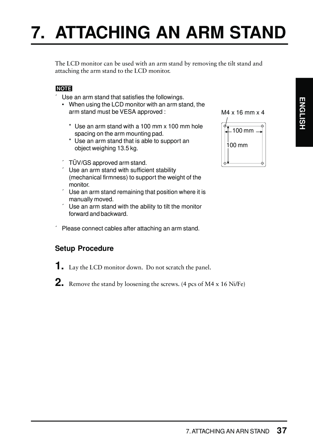 Eizo FlexScan L675 manual Attaching An Arm Stand, Setup Procedure, English 