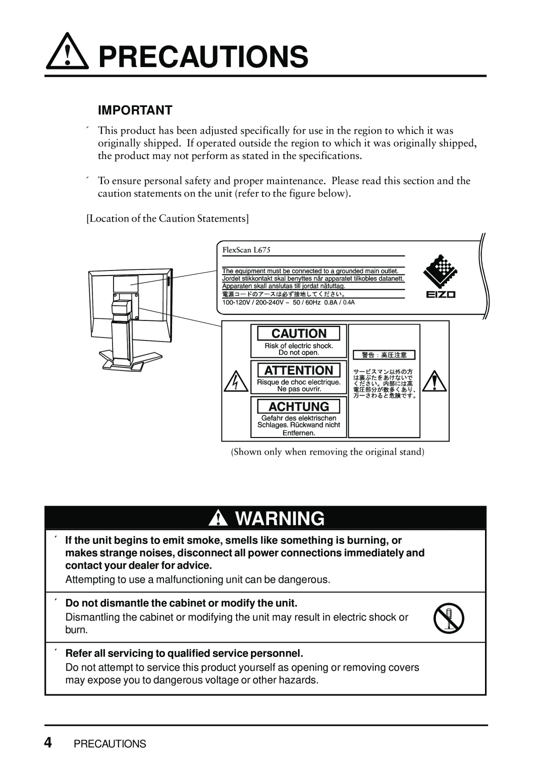 Eizo FlexScan L675 manual Precautions, ´ Do not dismantle the cabinet or modify the unit 