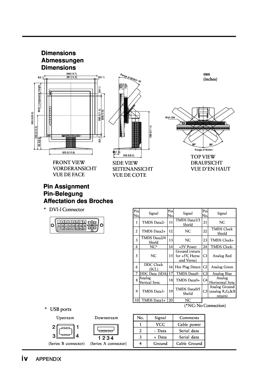 Eizo FlexScan L675 Dimensions Abmessungen Dimensions, Pin Assignment Pin-Belegung Affectation des Broches, iv APPENDIX 