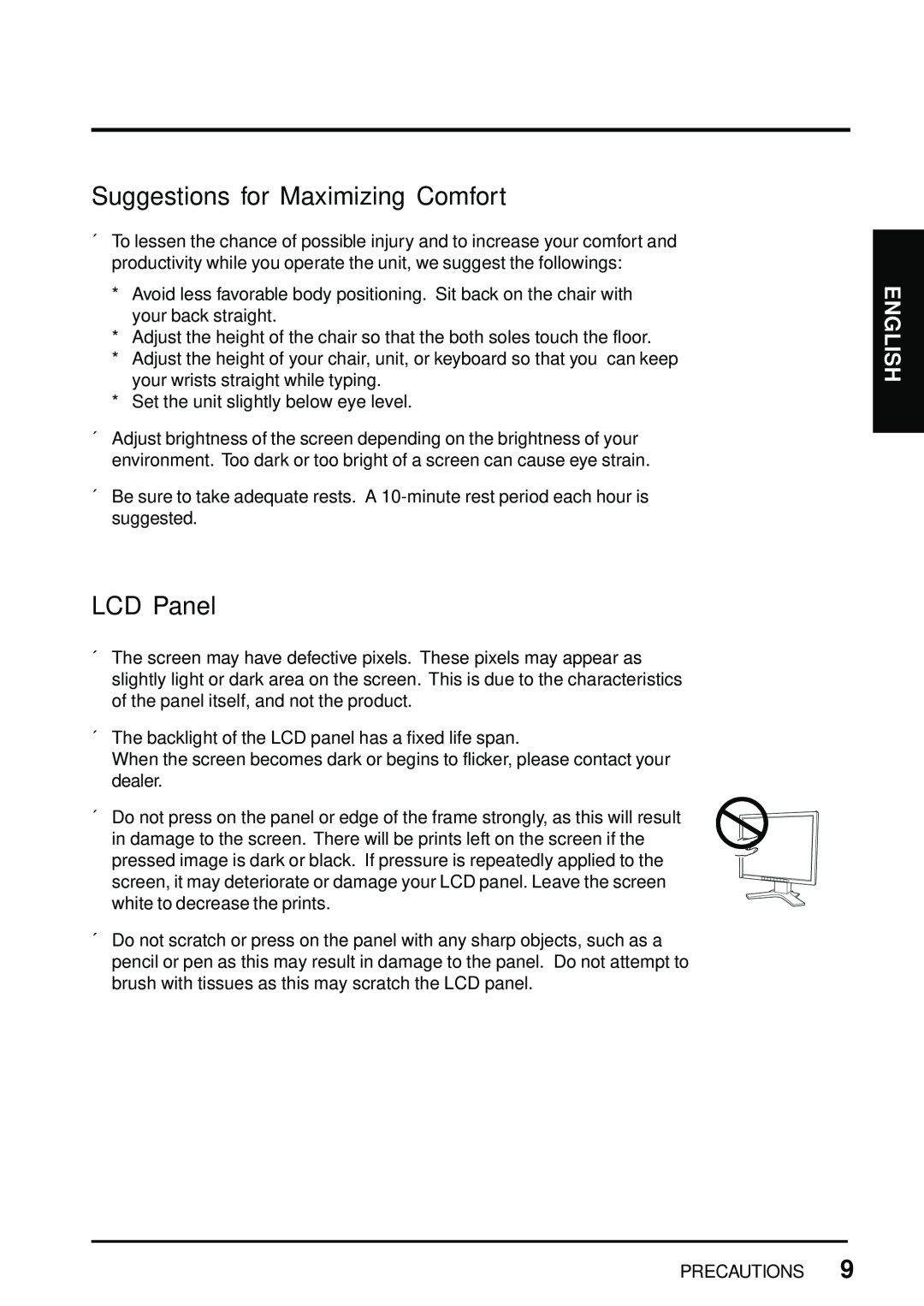 Eizo FlexScan L675 manual Suggestions for Maximizing Comfort, LCD Panel, English 