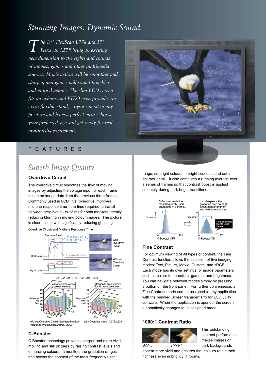 Eizo FlexScan L778, FlexScan L578 manual Superb Image Quality, Overdrive Circuit, Booster, Fine Contrast, Contrast Ratio 