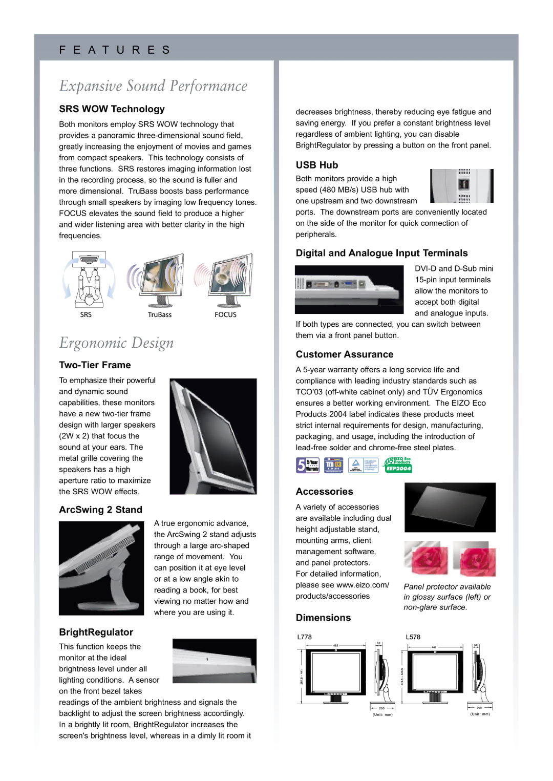 Eizo FlexScan L578, FlexScan L778 manual Expansive Sound Performance, Ergonomic Design 