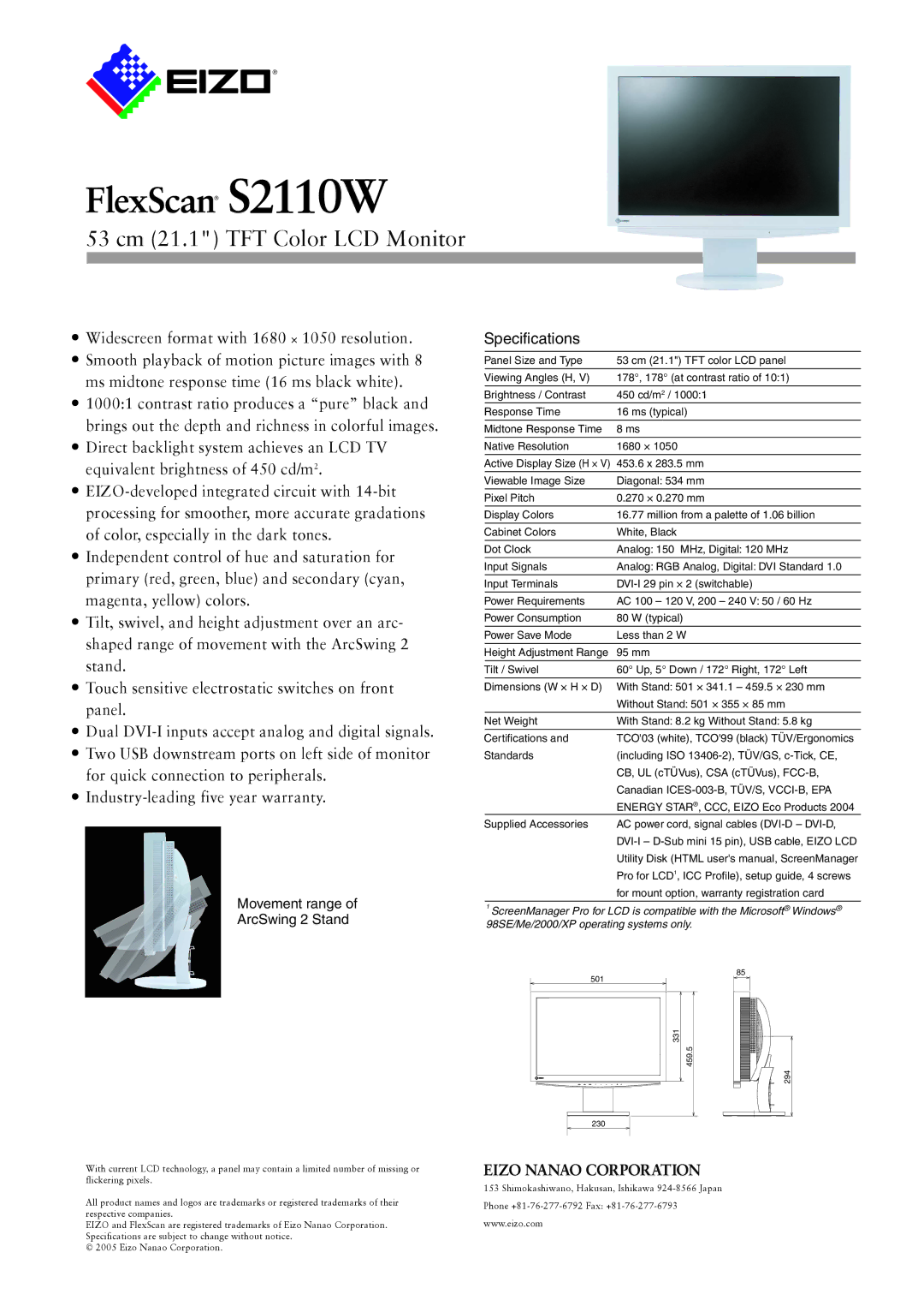 Eizo FlexScan S2110W warranty 53 cm 21.1 TFT Color LCD Monitor, Specifications 