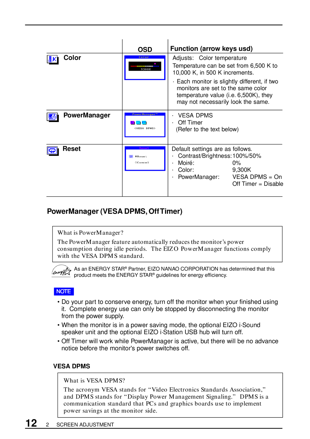 Eizo FlexScan T550 user manual PowerManager Vesa DPMS, Off Timer, Function arrow keys usd, Color, Reset 