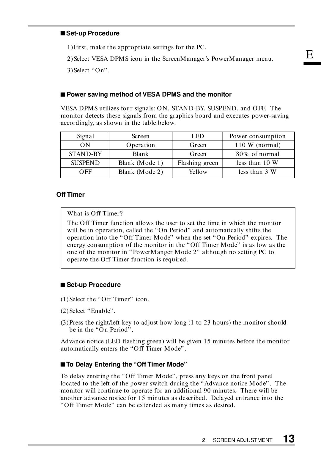 Eizo FlexScan T550 user manual Set-up Procedure, Power saving method of Vesa Dpms and the monitor, What is Off Timer? 