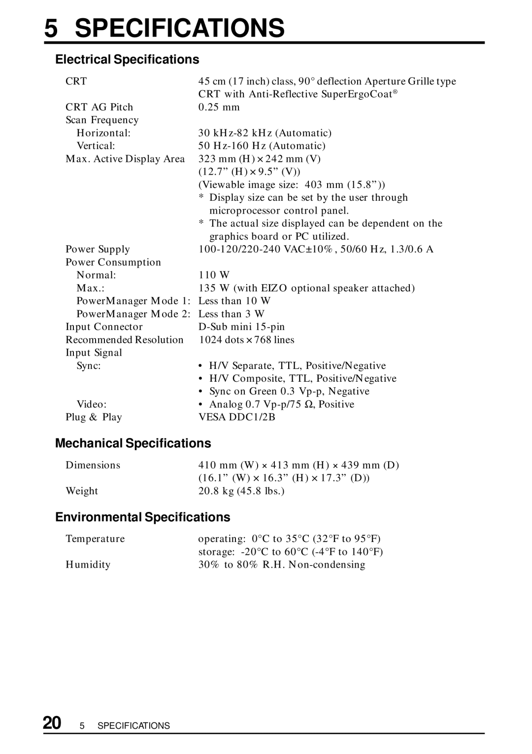 Eizo FlexScan T550 user manual Electrical Specifications, Mechanical Specifications, Environmental Specifications 