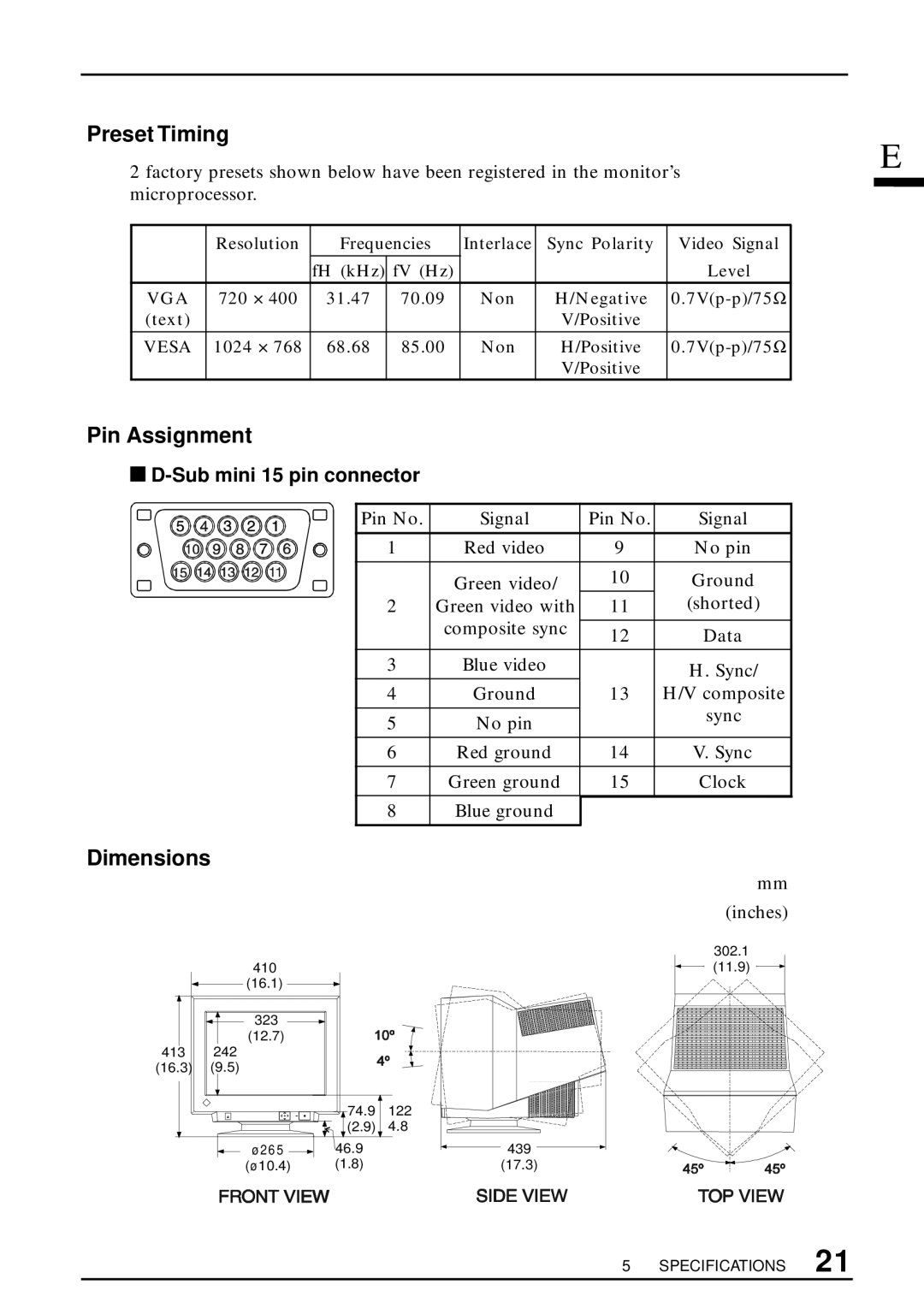 Eizo FlexScan T550 user manual Preset Timing, Pin Assignment, Dimensions, Sub mini 15 pin connector, Inches 