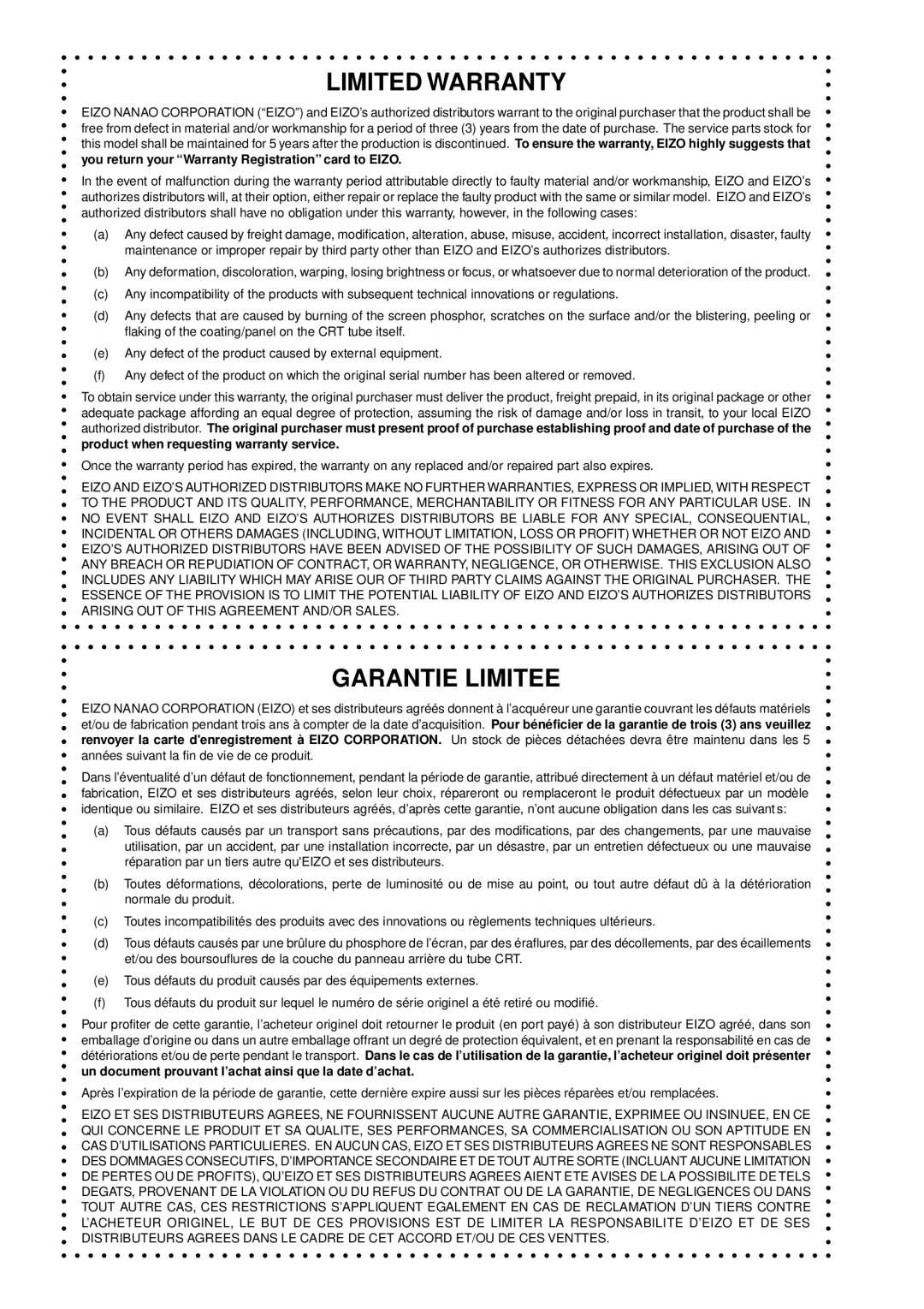 Eizo FlexScan T550 user manual Limited Warranty 