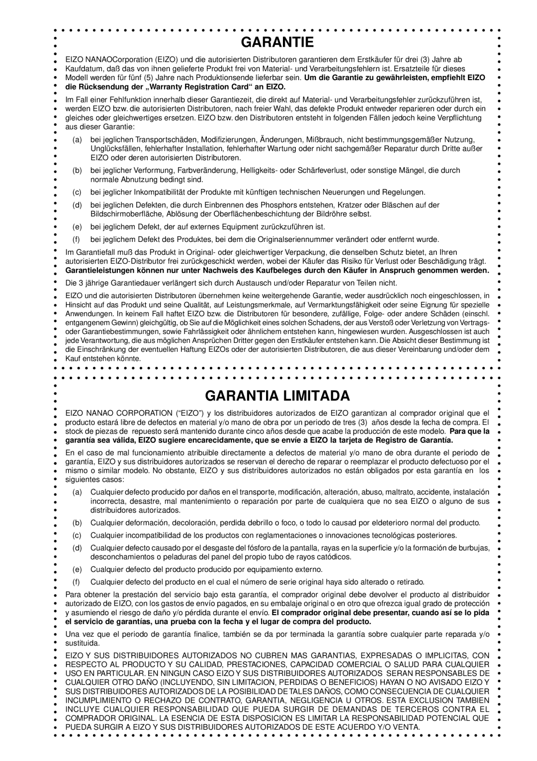 Eizo FlexScan T550 user manual Garantie 