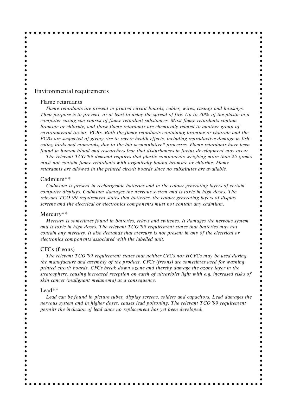 Eizo FlexScan T550 user manual Flame retardants, Cadmium, Mercury, CFCs freons, Lead 