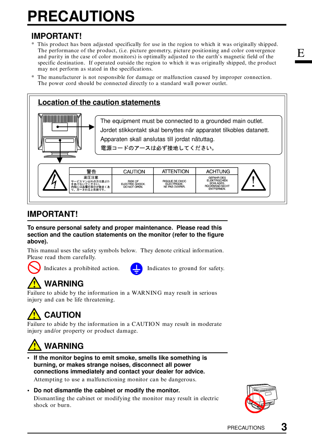 Eizo FlexScan T550 Precautions, Location of the caution statements, Do not dismantle the cabinet or modify the monitor 