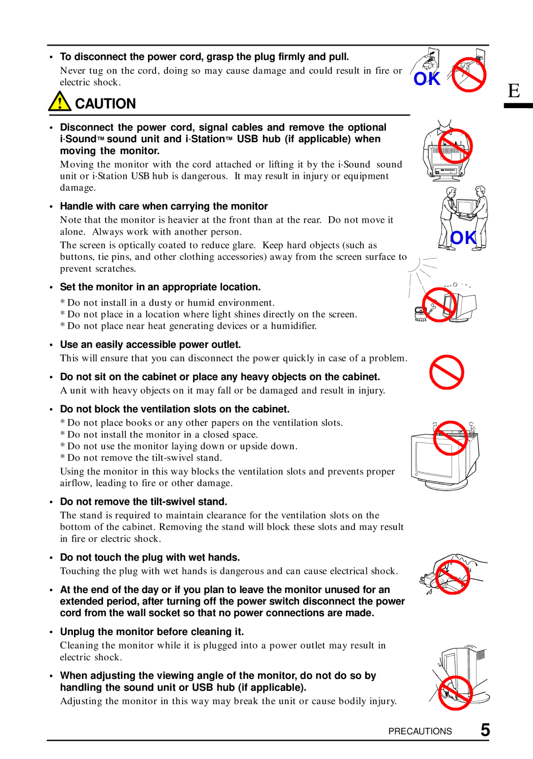 Eizo FlexScan T550 user manual Handle with care when carrying the monitor, Set the monitor in an appropriate location 