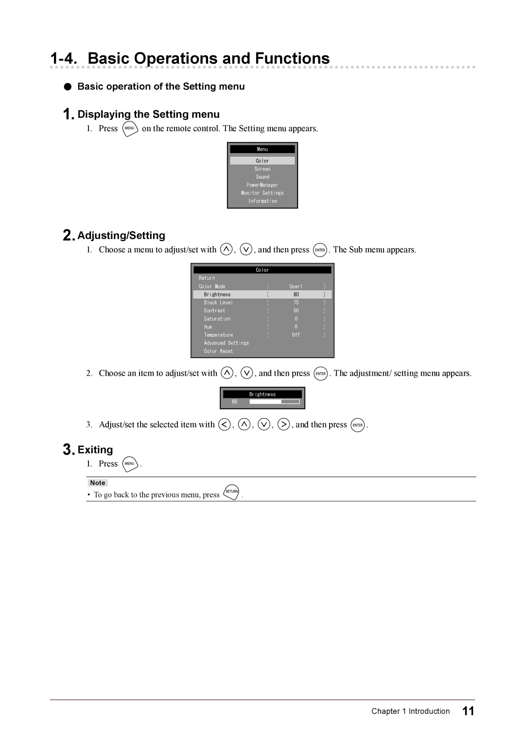 Eizo FS2331 user manual Basic Operations and Functions, Displaying the Setting menu, Adjusting/Setting, Exiting 