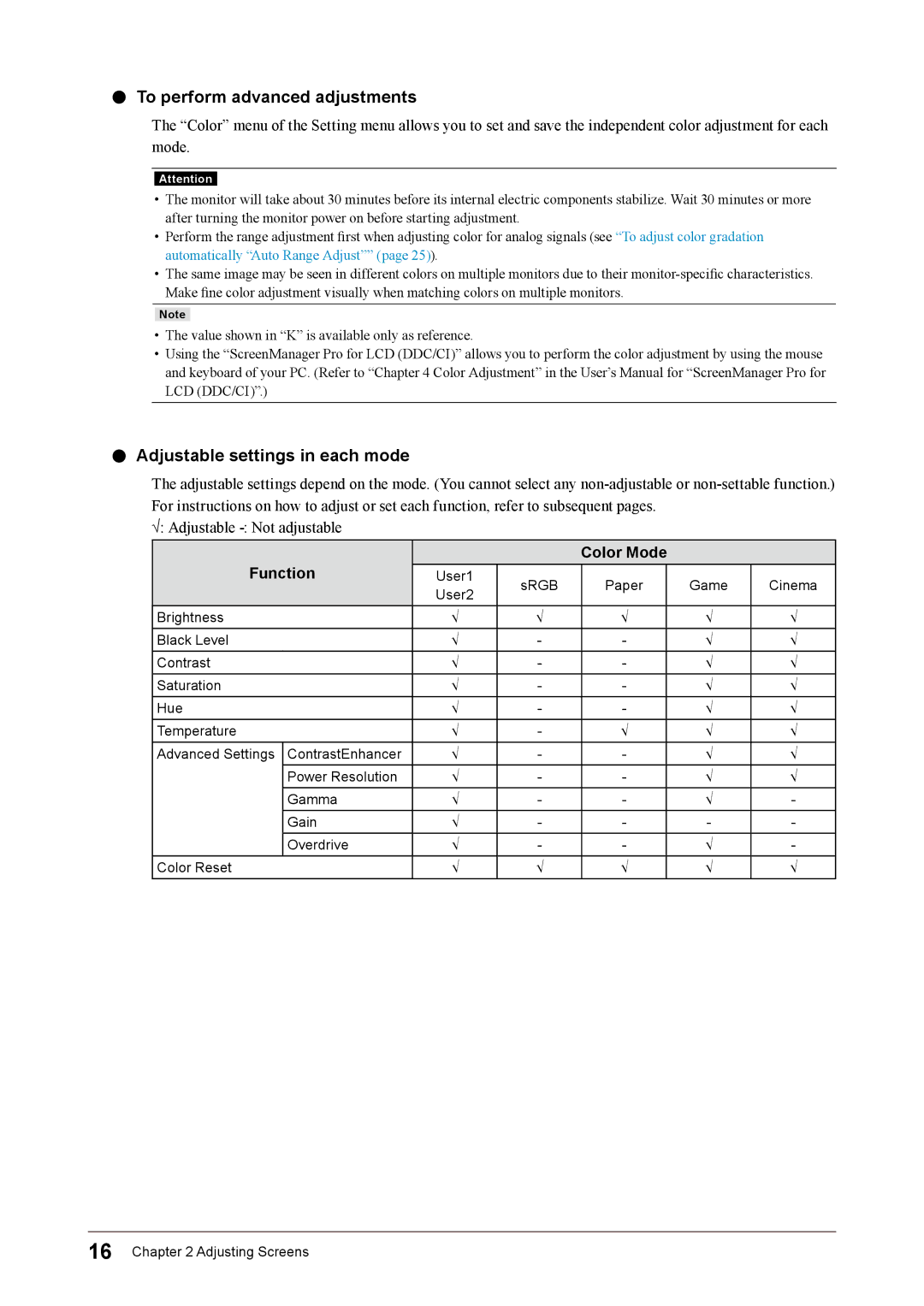 Eizo FS2331 user manual To perform advanced adjustments, Adjustable settings in each mode, Function, Color Mode 