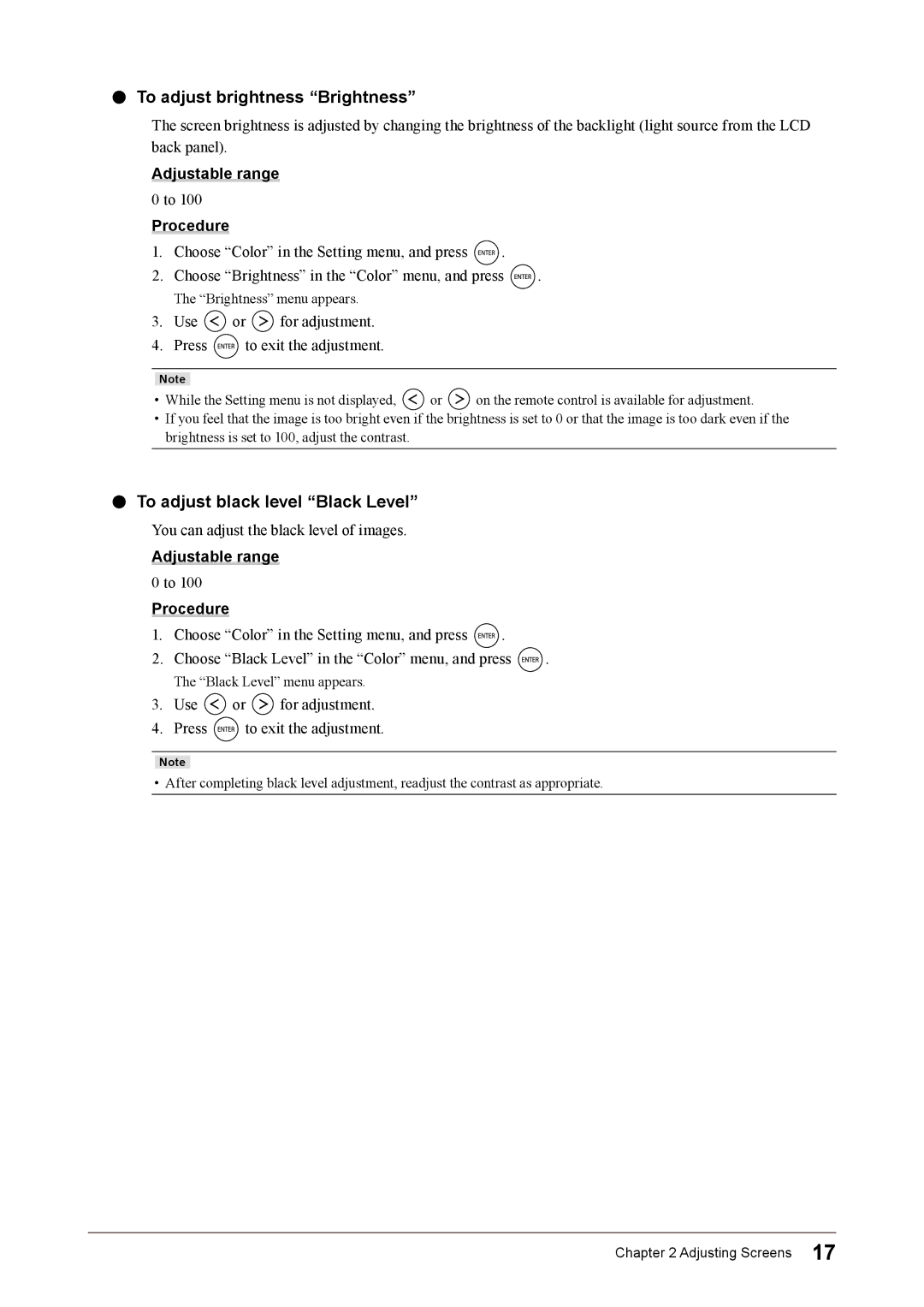 Eizo FS2331 user manual To adjust brightness Brightness, To adjust black level Black Level, Adjustable range Procedure 