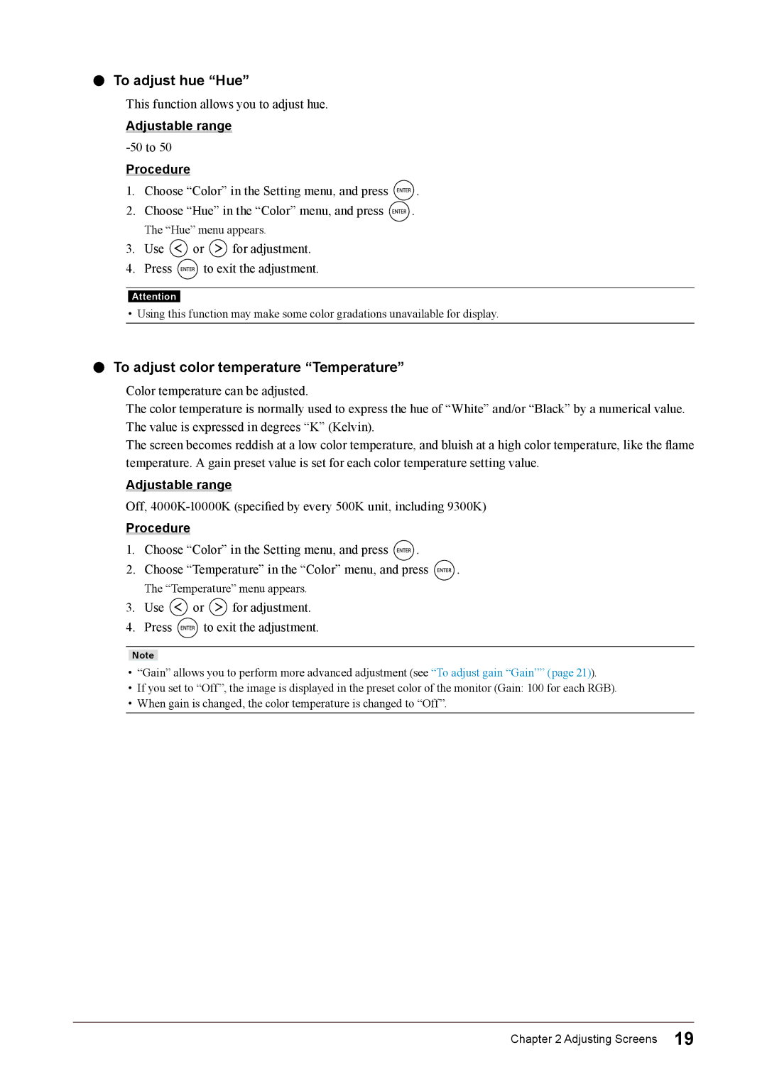 Eizo FS2331 user manual To adjust hue Hue, To adjust color temperature Temperature 