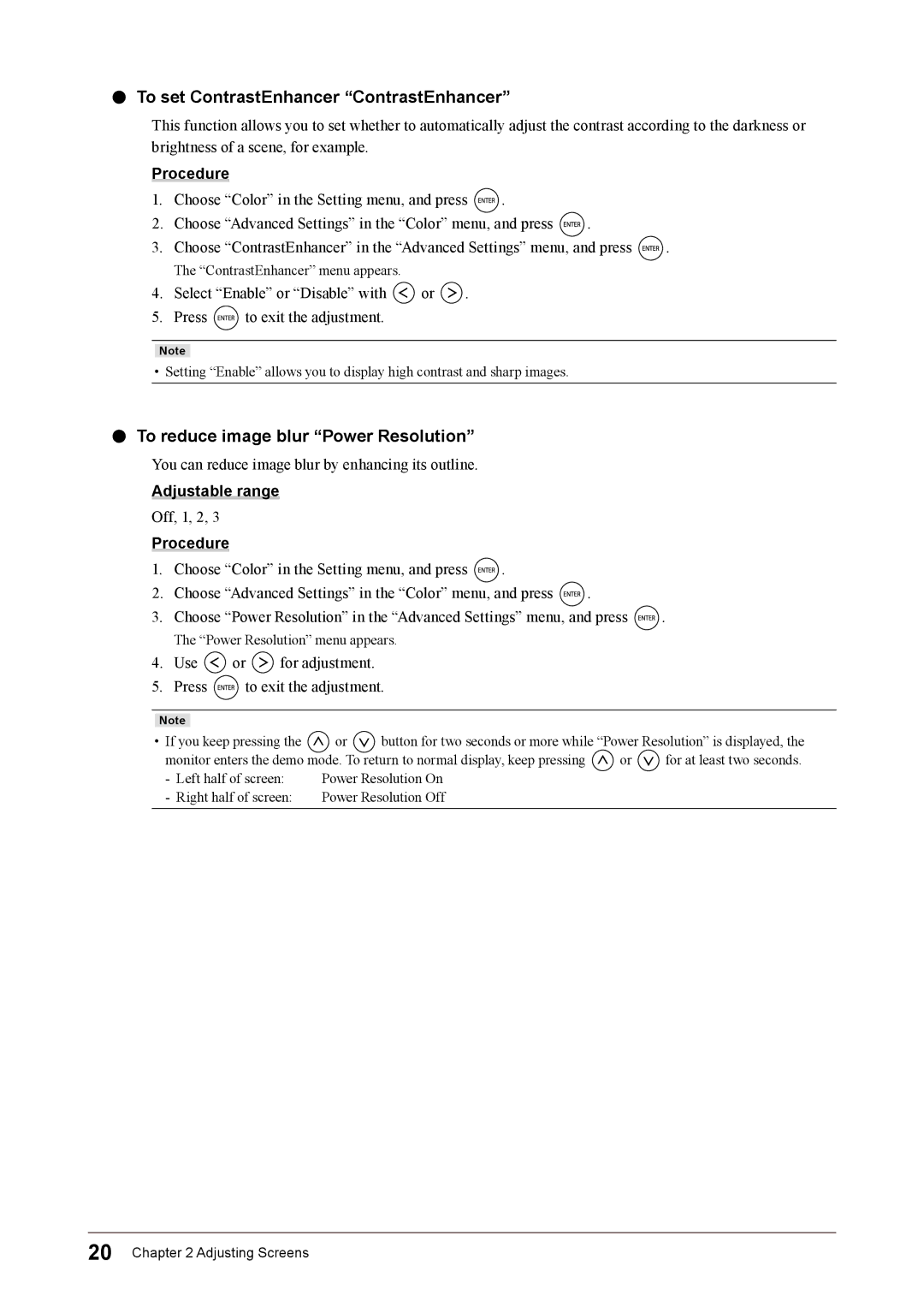 Eizo FS2331 user manual To set ContrastEnhancer ContrastEnhancer, To reduce image blur Power Resolution 