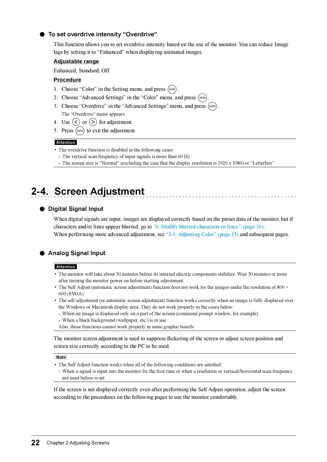 Eizo FS2331 user manual Screen Adjustment, To set overdrive intensity Overdrive, Digital Signal Input, Analog Signal Input 