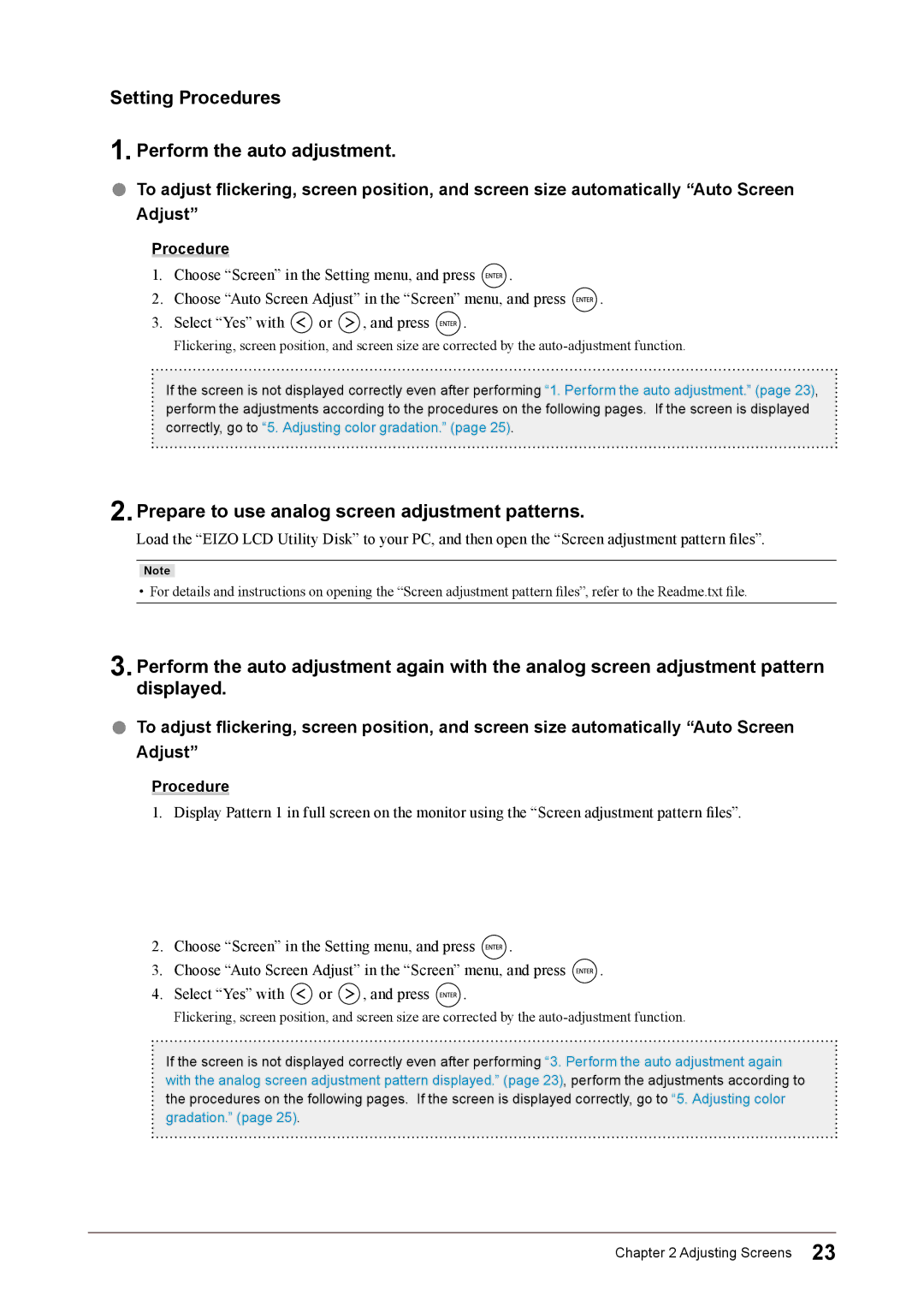 Eizo FS2331 user manual Setting Procedures Perform the auto adjustment, Prepare to use analog screen adjustment patterns 