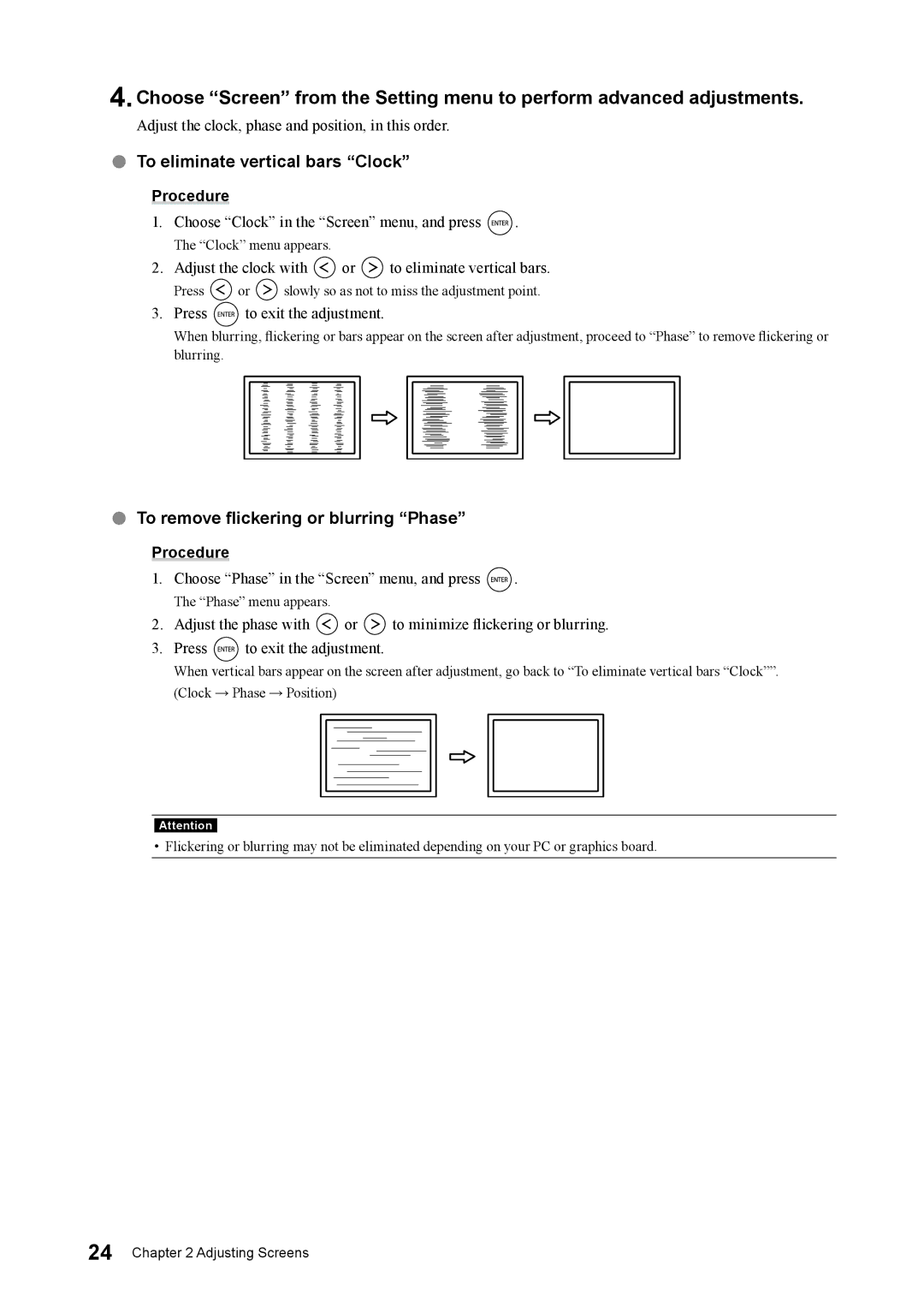 Eizo FS2331 user manual To eliminate vertical bars Clock, To remove flickering or blurring Phase 