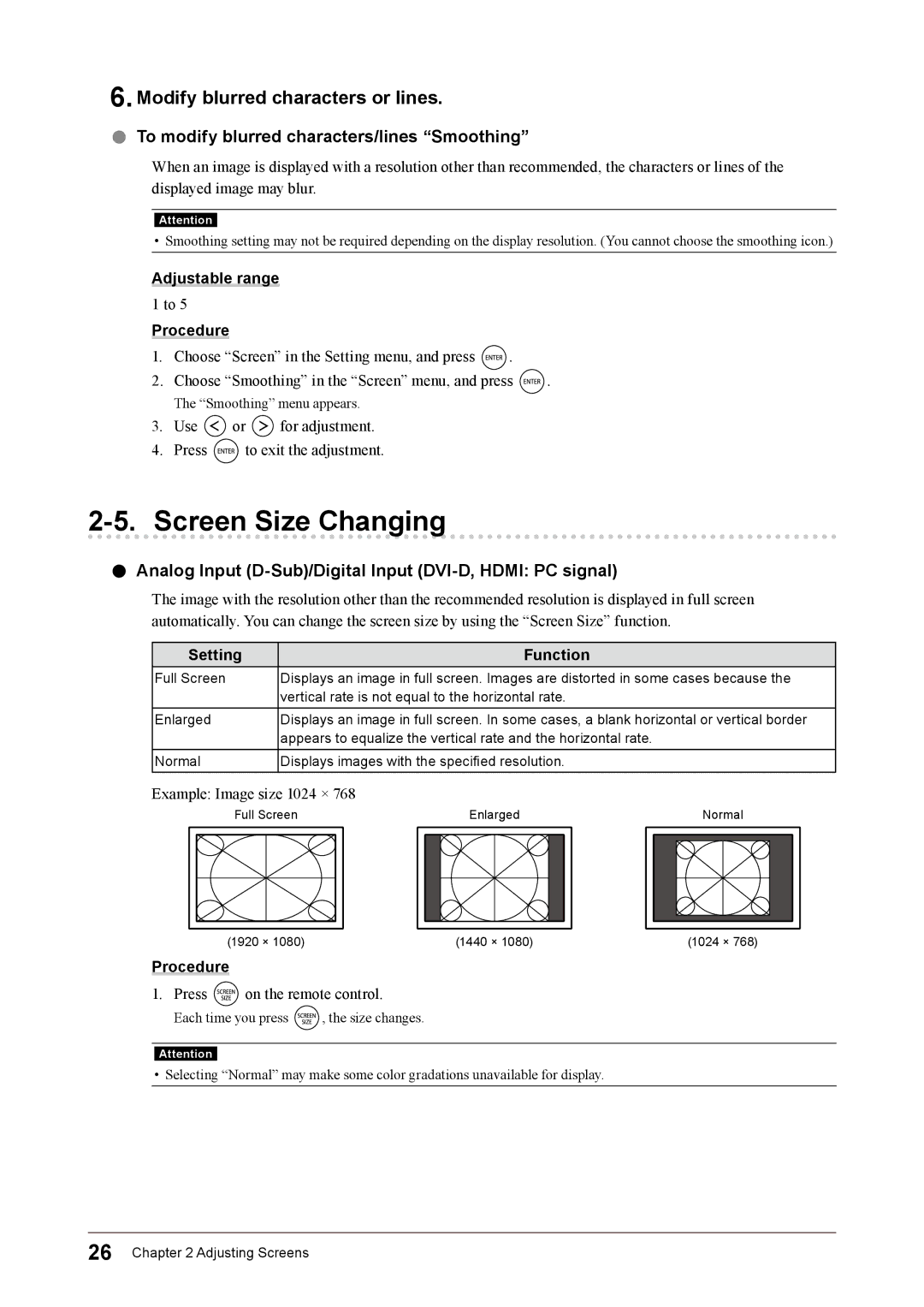 Eizo FS2331 Screen Size Changing, Modify blurred characters or lines, To modify blurred characters/lines Smoothing 