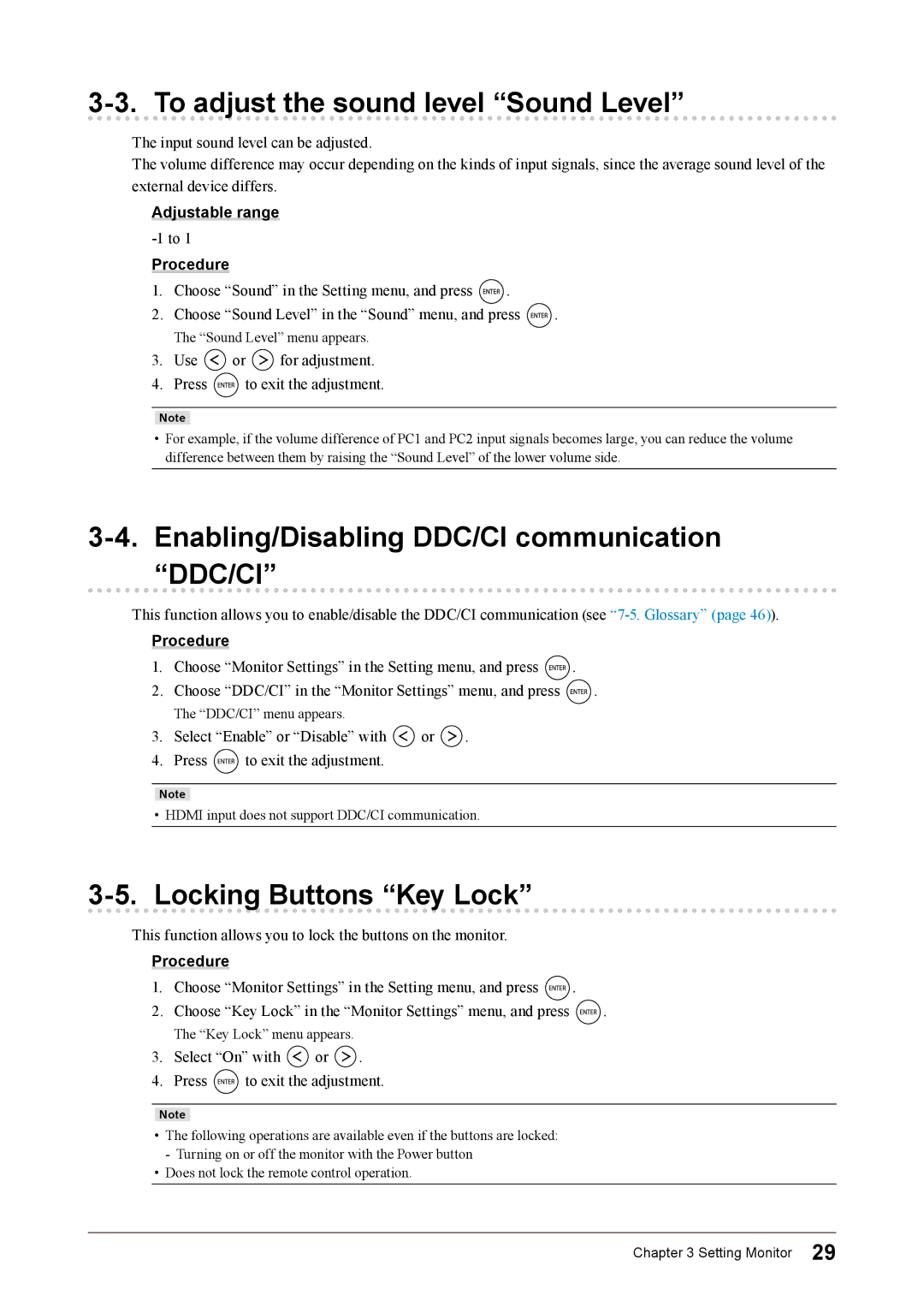 Eizo FS2331 user manual To adjust the sound level Sound Level, Enabling/Disabling DDC/CI communication DDC/CI 