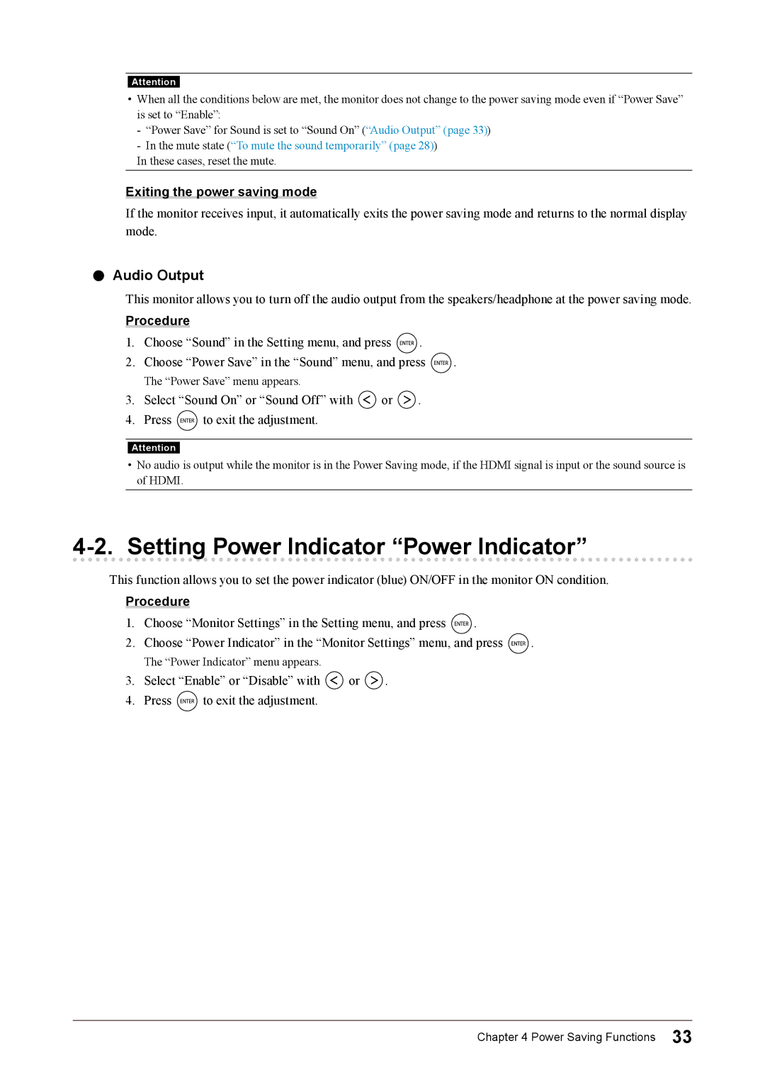 Eizo FS2331 user manual Setting Power Indicator Power Indicator, Audio Output, Exiting the power saving mode 