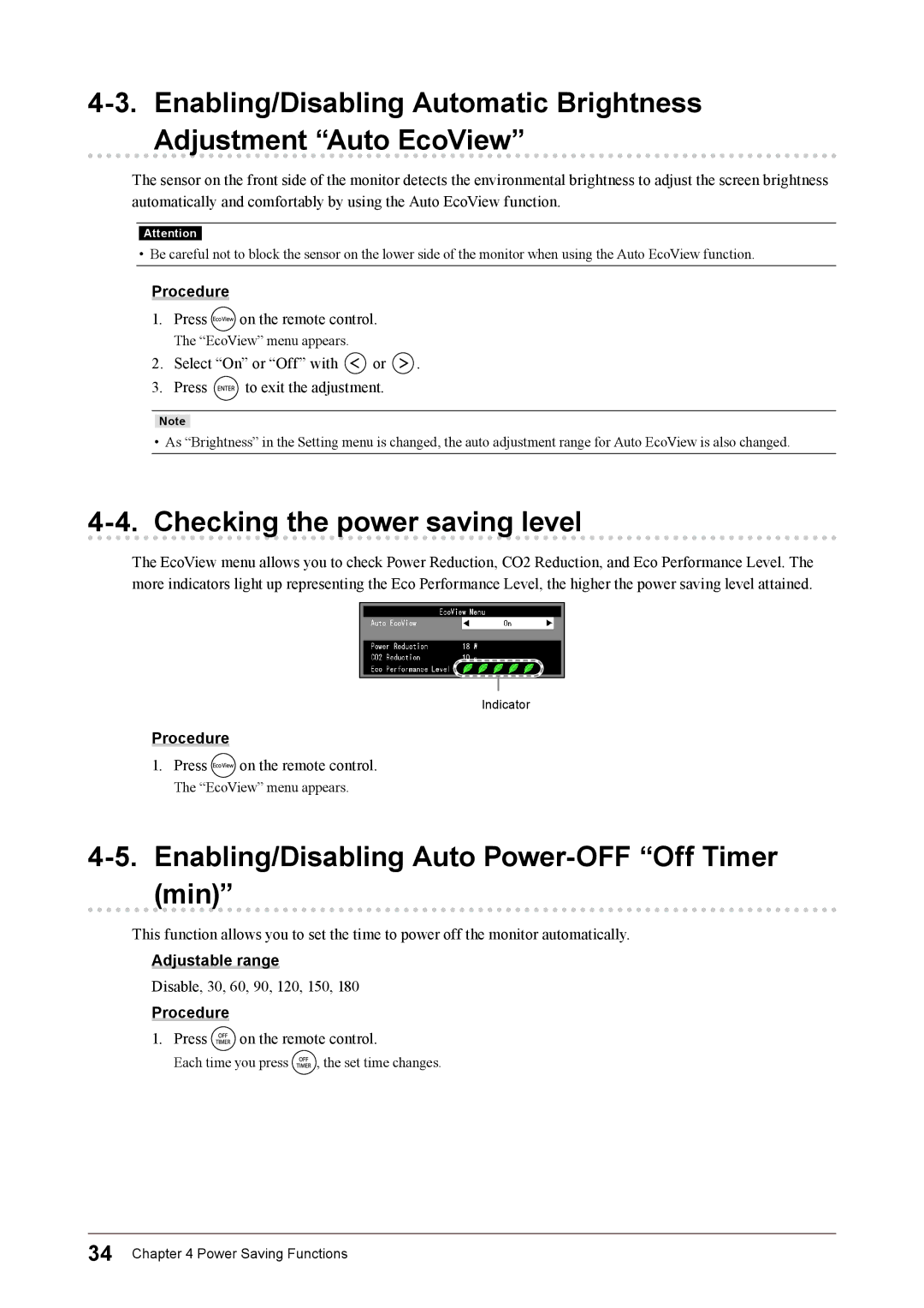 Eizo FS2331 user manual Checking the power saving level, Enabling/Disabling Auto Power-OFF Off Timer min 