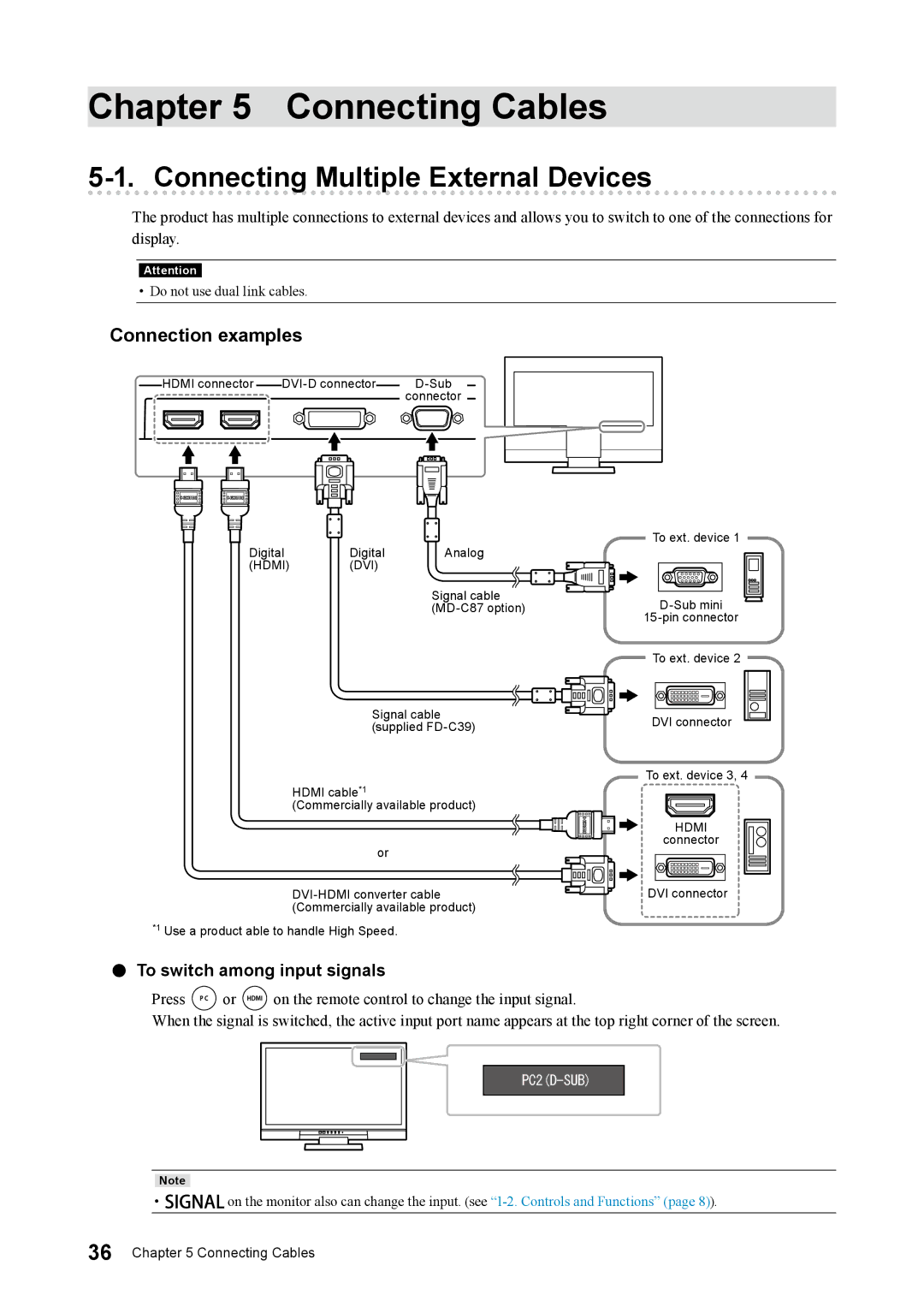 Eizo FS2331 Connecting Cables, Connecting Multiple External Devices, Connection examples, To switch among input signals 