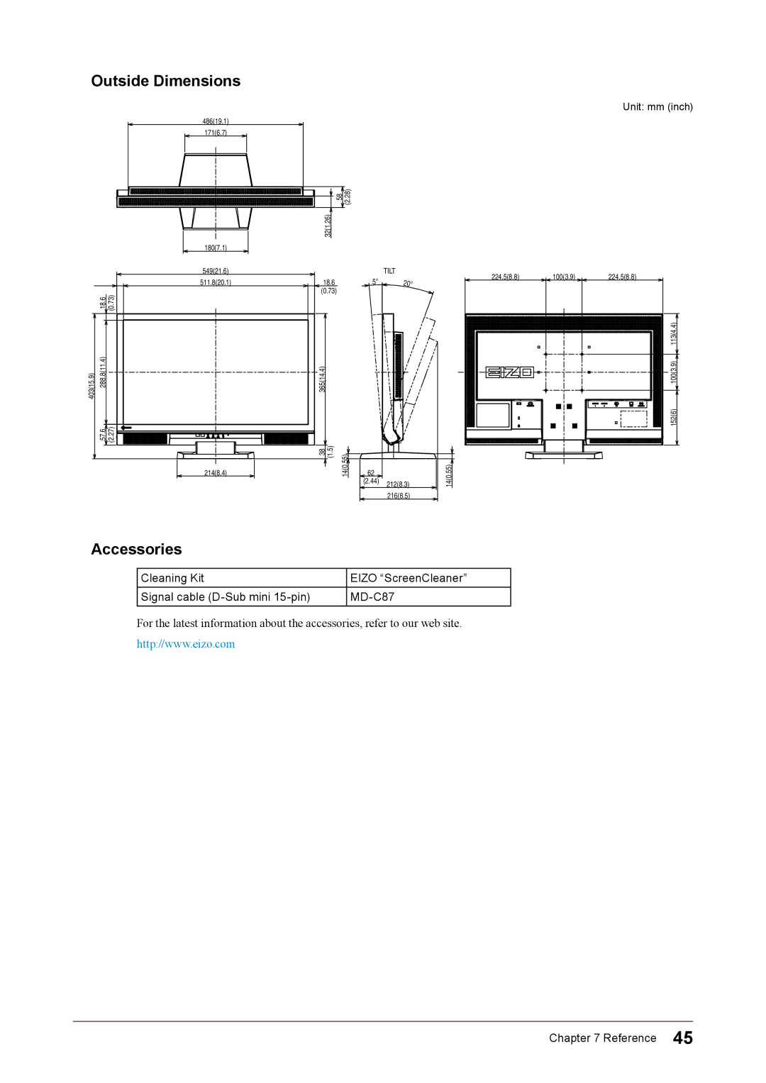 Eizo FS2331 user manual Outside Dimensions, Accessories 