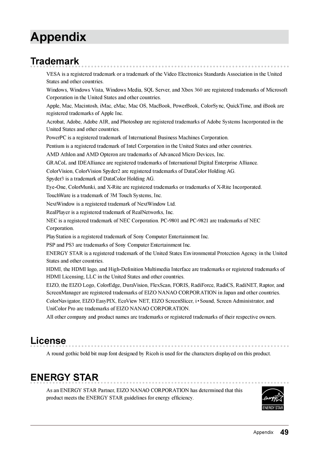 Eizo FS2331 user manual Appendix, Trademark, License 