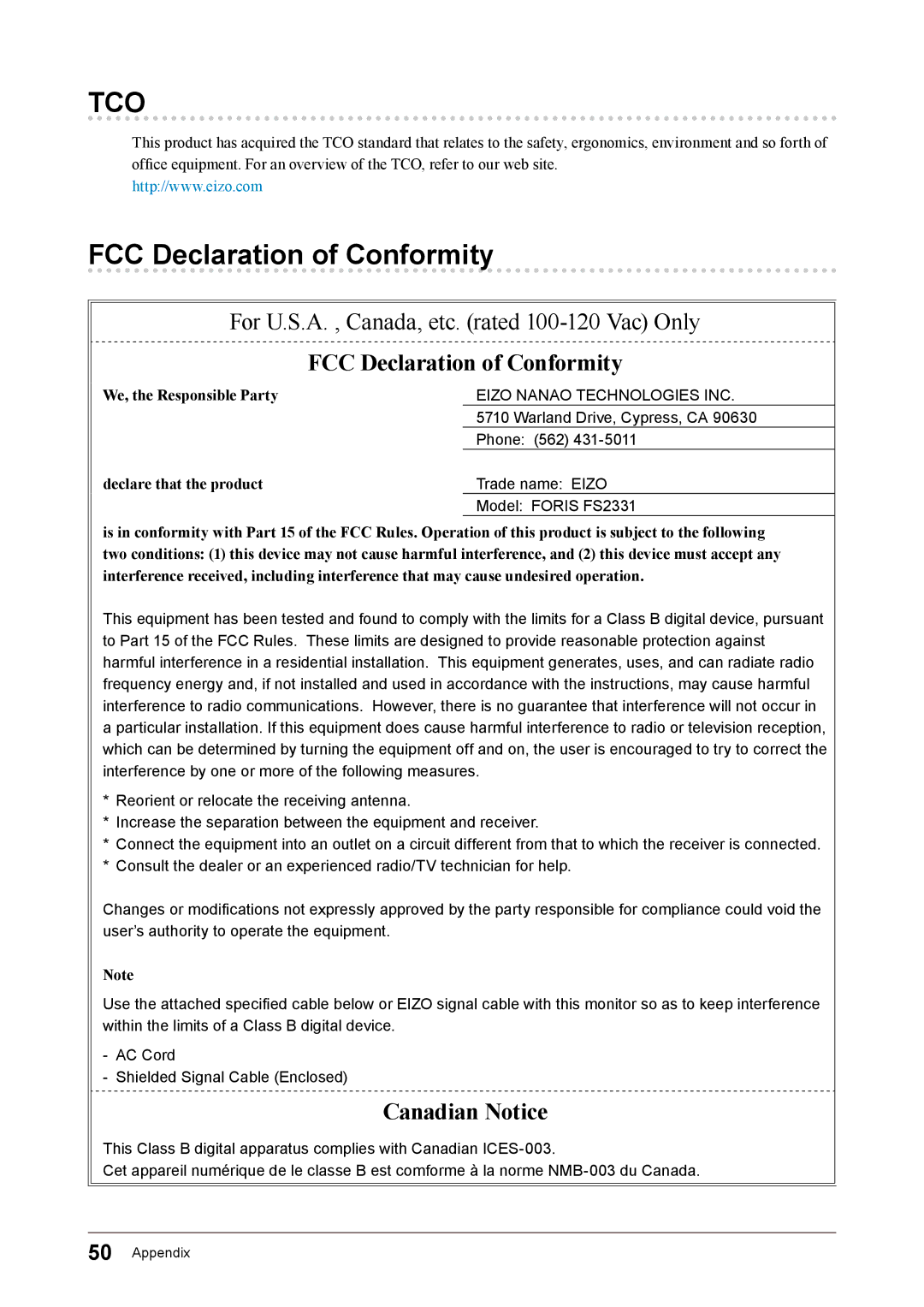 Eizo FS2331 user manual Tco, FCC Declaration of Conformity 