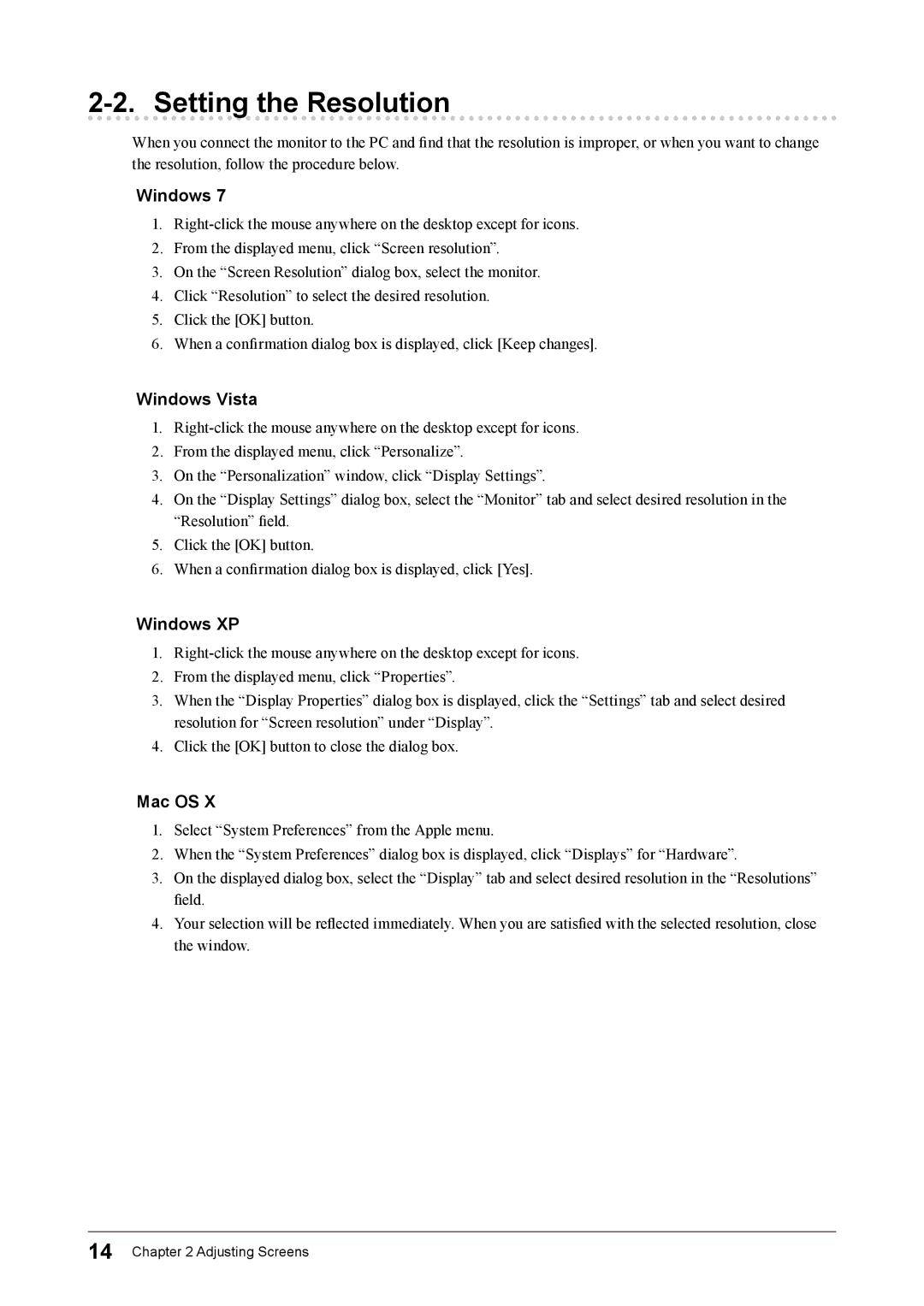 Eizo FS2332 user manual Setting the Resolution, Windows Vista, Windows XP, Mac OS 