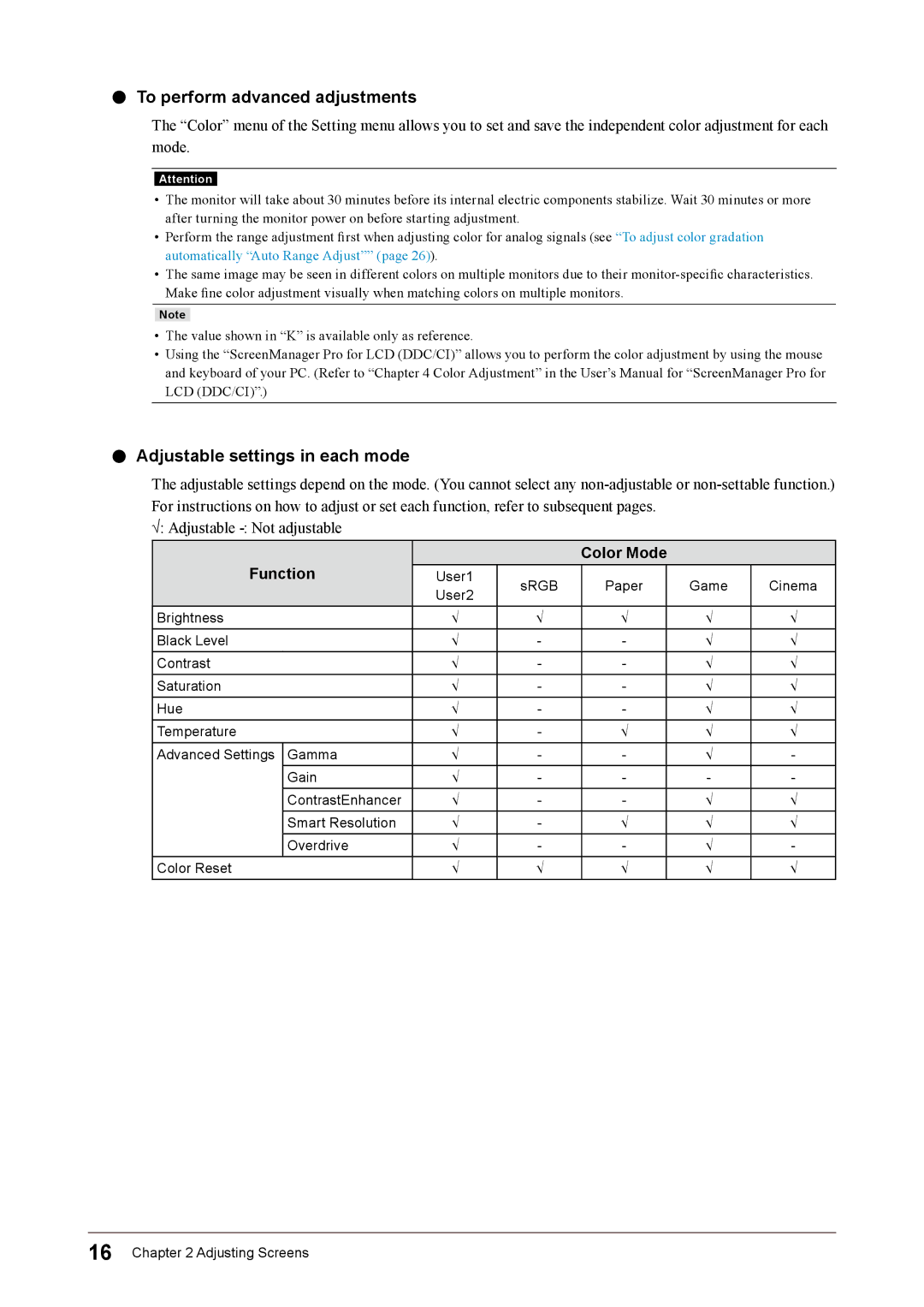 Eizo FS2332 user manual To perform advanced adjustments, Adjustable settings in each mode, Function, Color Mode 