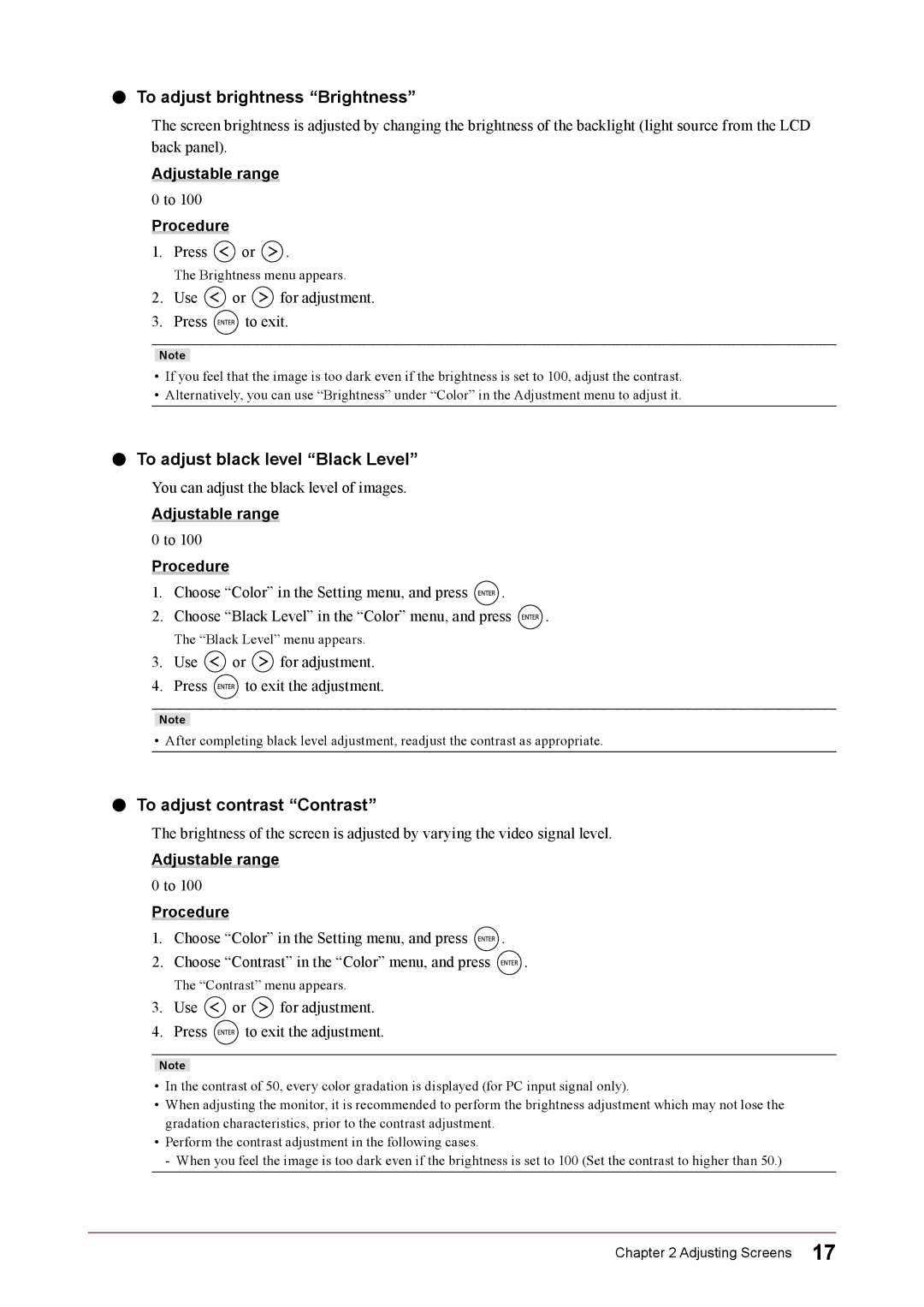 Eizo FS2332 user manual To adjust brightness Brightness, To adjust black level Black Level, To adjust contrast Contrast 