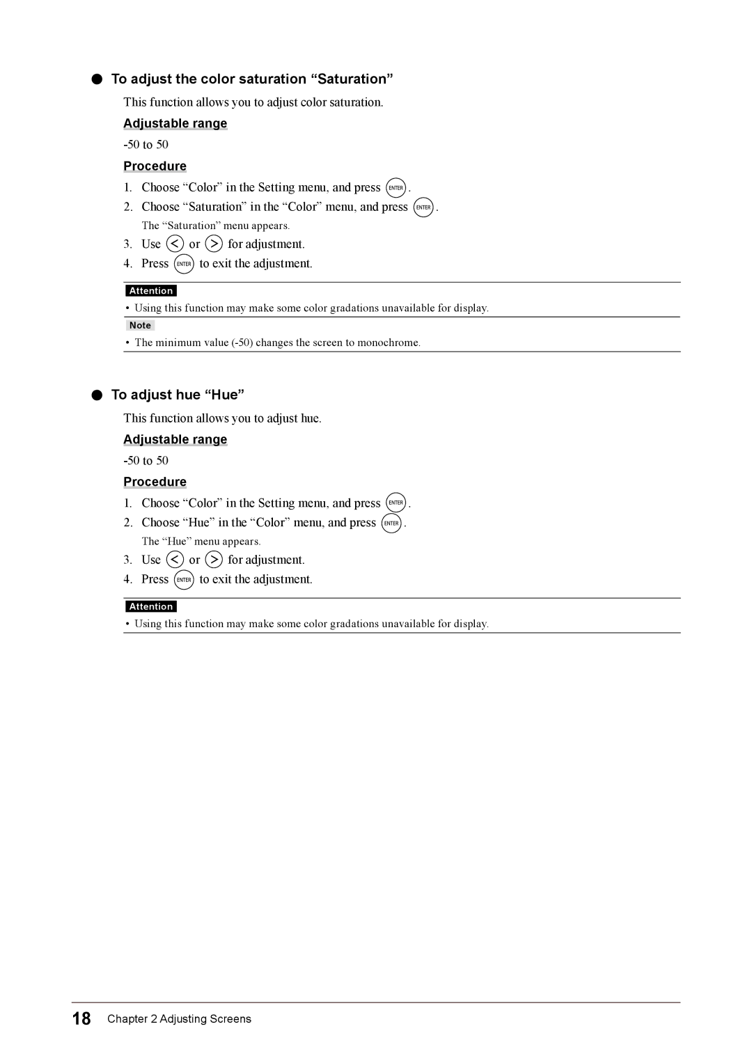 Eizo FS2332 user manual To adjust the color saturation Saturation, To adjust hue Hue, Adjustable range 