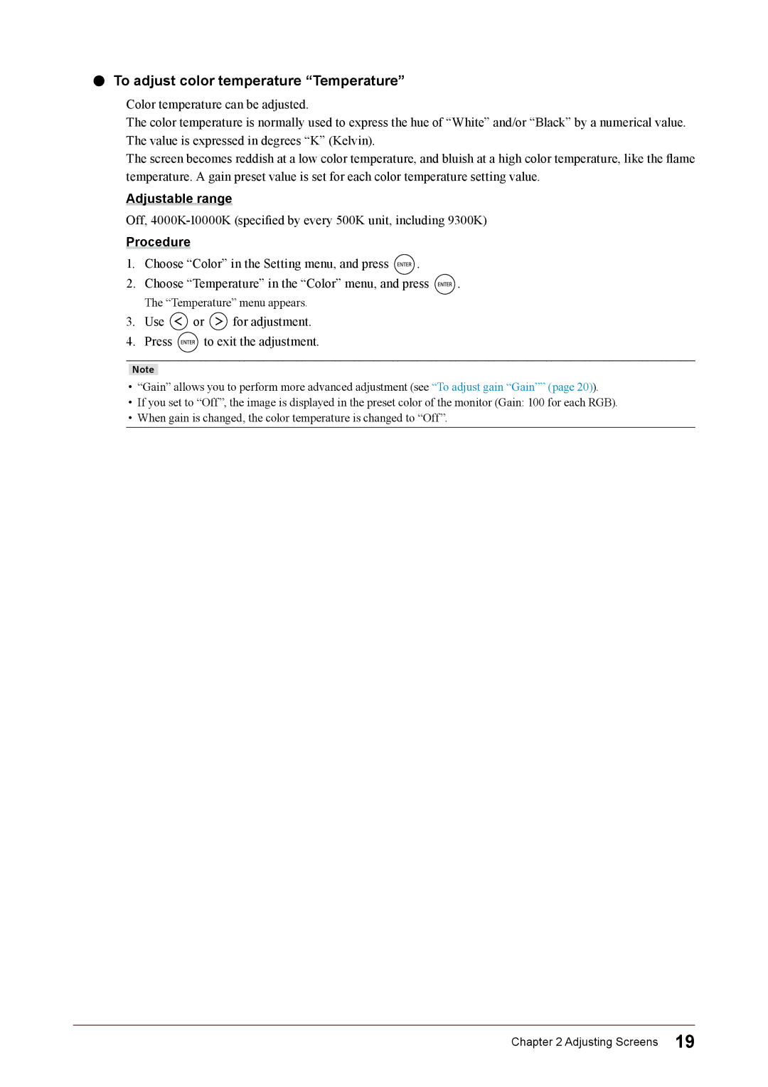 Eizo FS2332 user manual To adjust color temperature Temperature 