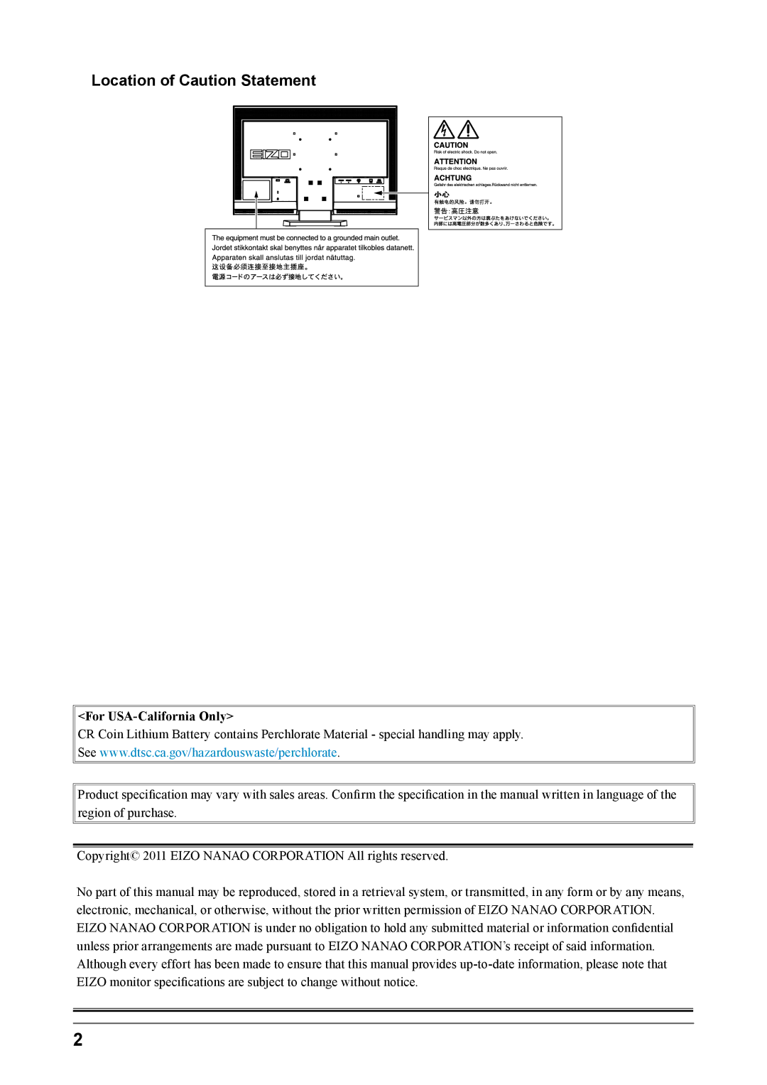 Eizo FS2332 user manual Location of Caution Statement, For USA-California Only 