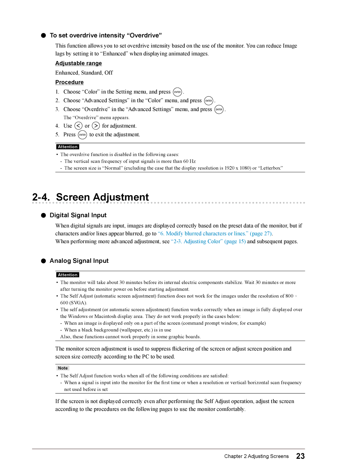 Eizo FS2332 user manual Screen Adjustment, To set overdrive intensity Overdrive, Digital Signal Input, Analog Signal Input 