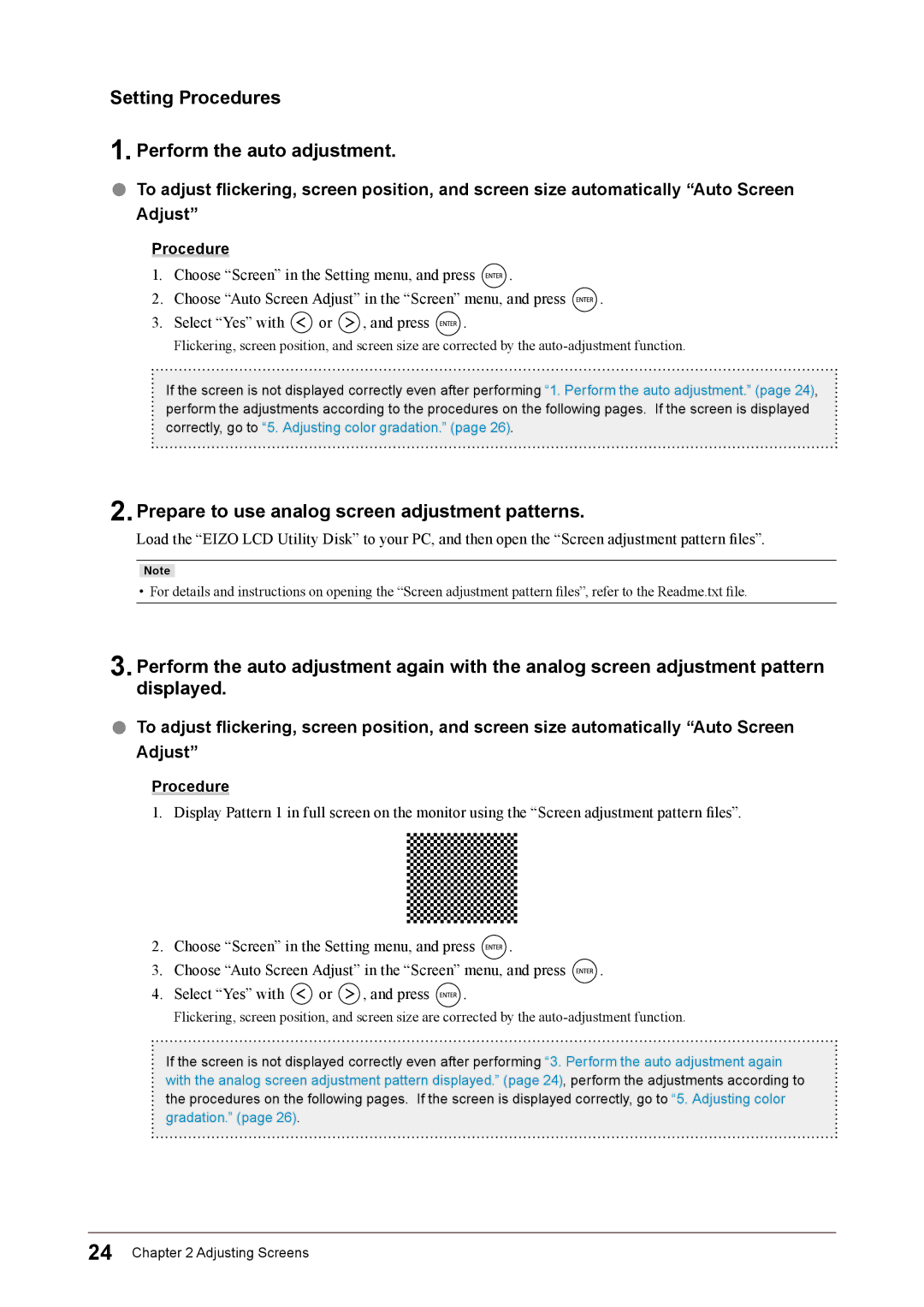 Eizo FS2332 user manual Setting Procedures Perform the auto adjustment, Prepare to use analog screen adjustment patterns 