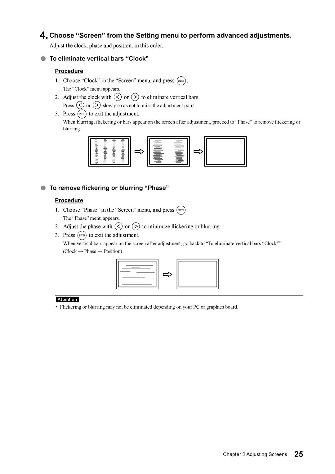 Eizo FS2332 user manual To eliminate vertical bars Clock, To remove flickering or blurring Phase 