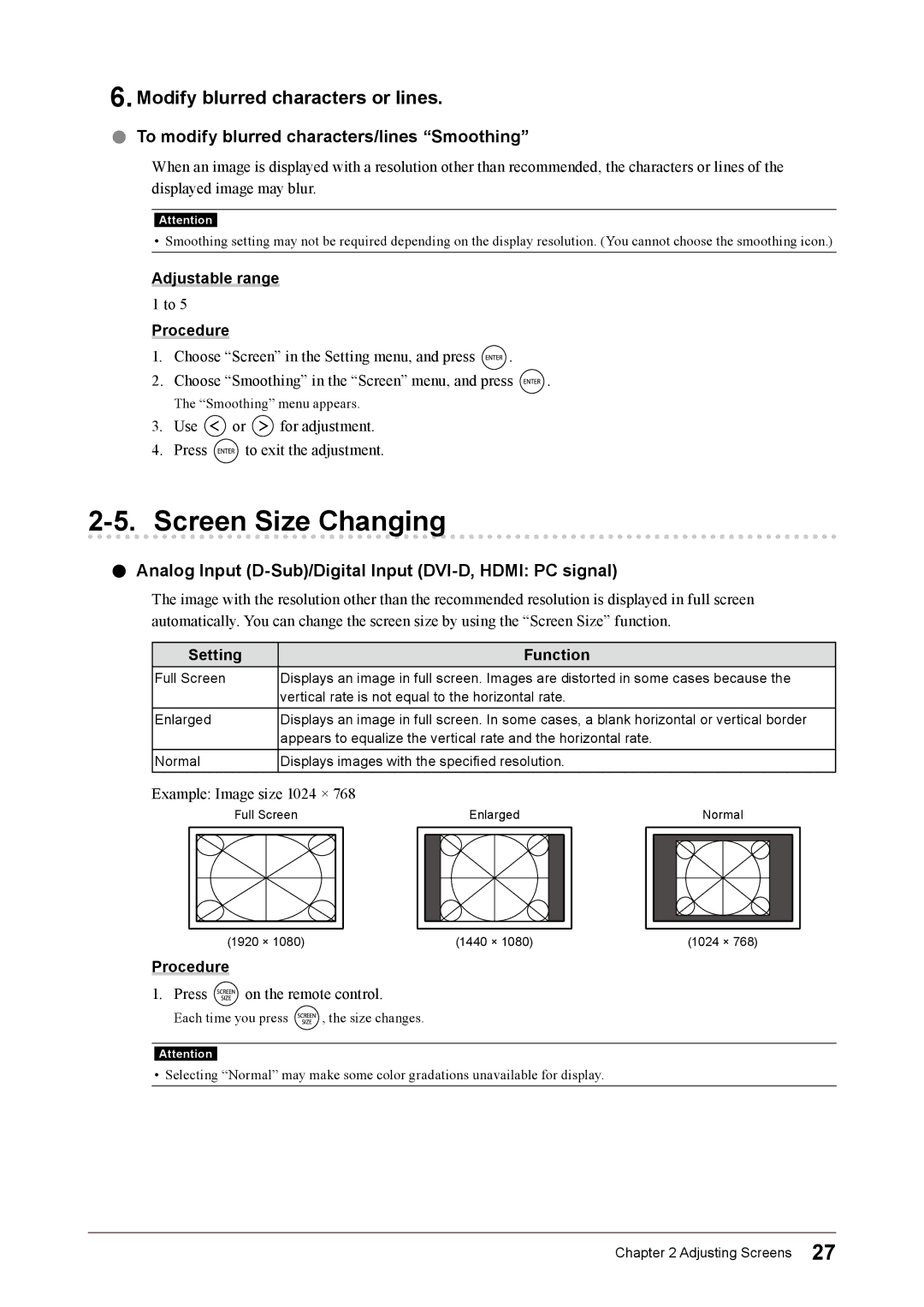 Eizo FS2332 Screen Size Changing, Modify blurred characters or lines, To modify blurred characters/lines Smoothing 